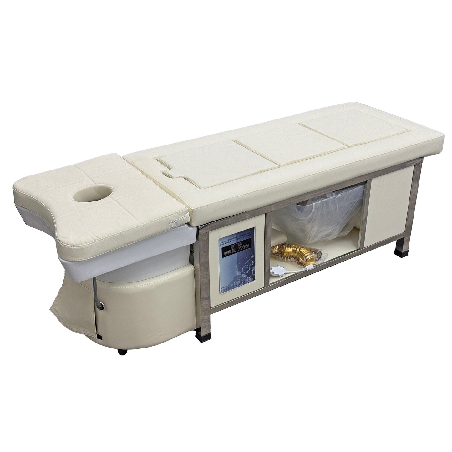 611-2 | Plumbed | Korean Japanese Head Spa Massage Shampoo Bed | Natural Hot Stone Magnetic Therapy with Under Seat Storage and Ottoman | SSW SHAMPOO UNITS AND CABINETS SSW LIGHT CREAM