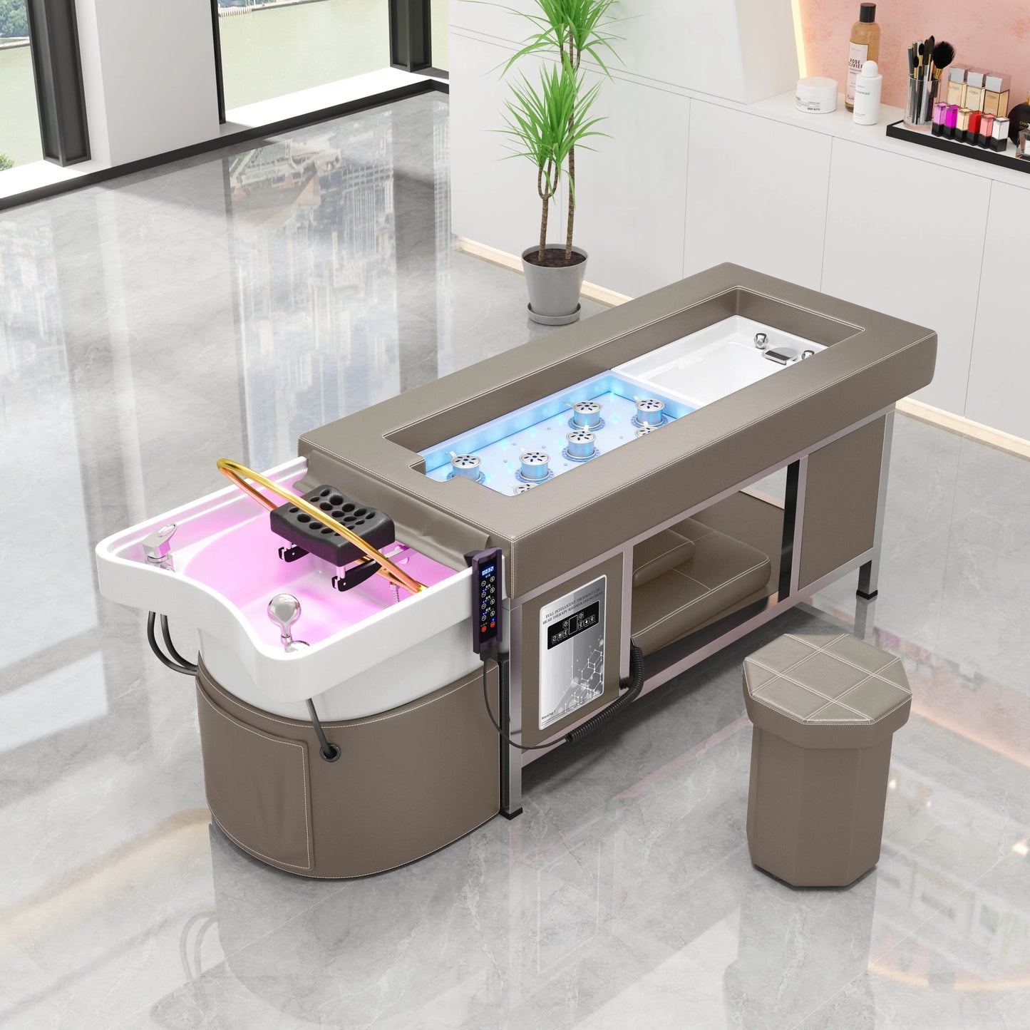 611-4 | Korean Japanese Head Spa Massage Shampoo Bed | Natural Hot Stone Magnetic Therapy with Foot Basin | Under Seat Storage and Ottoman | SSW SHAMPOO UNITS AND CABINETS SSW CASHMERE