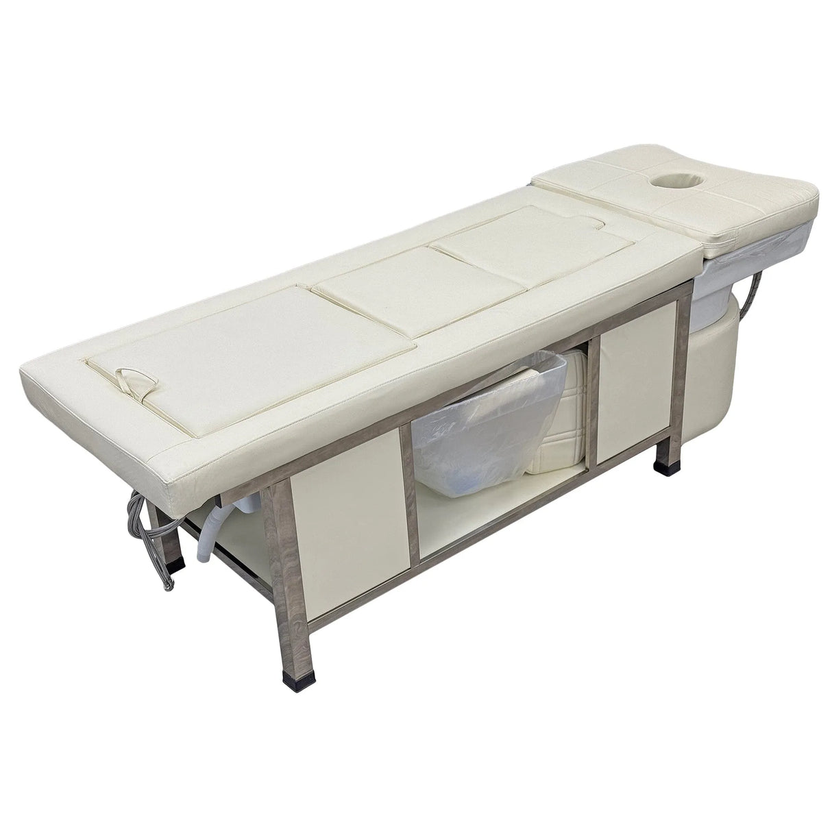 611-4 | Plumbed | Korean Japanese Head Spa Massage Shampoo Bed | Natural Hot Stone Magnetic Therapy with Herbal Foot Basin | Under Seat Storage and Ottoman | SSW SHAMPOO UNITS AND CABINETS SSW LIGHT CREAM