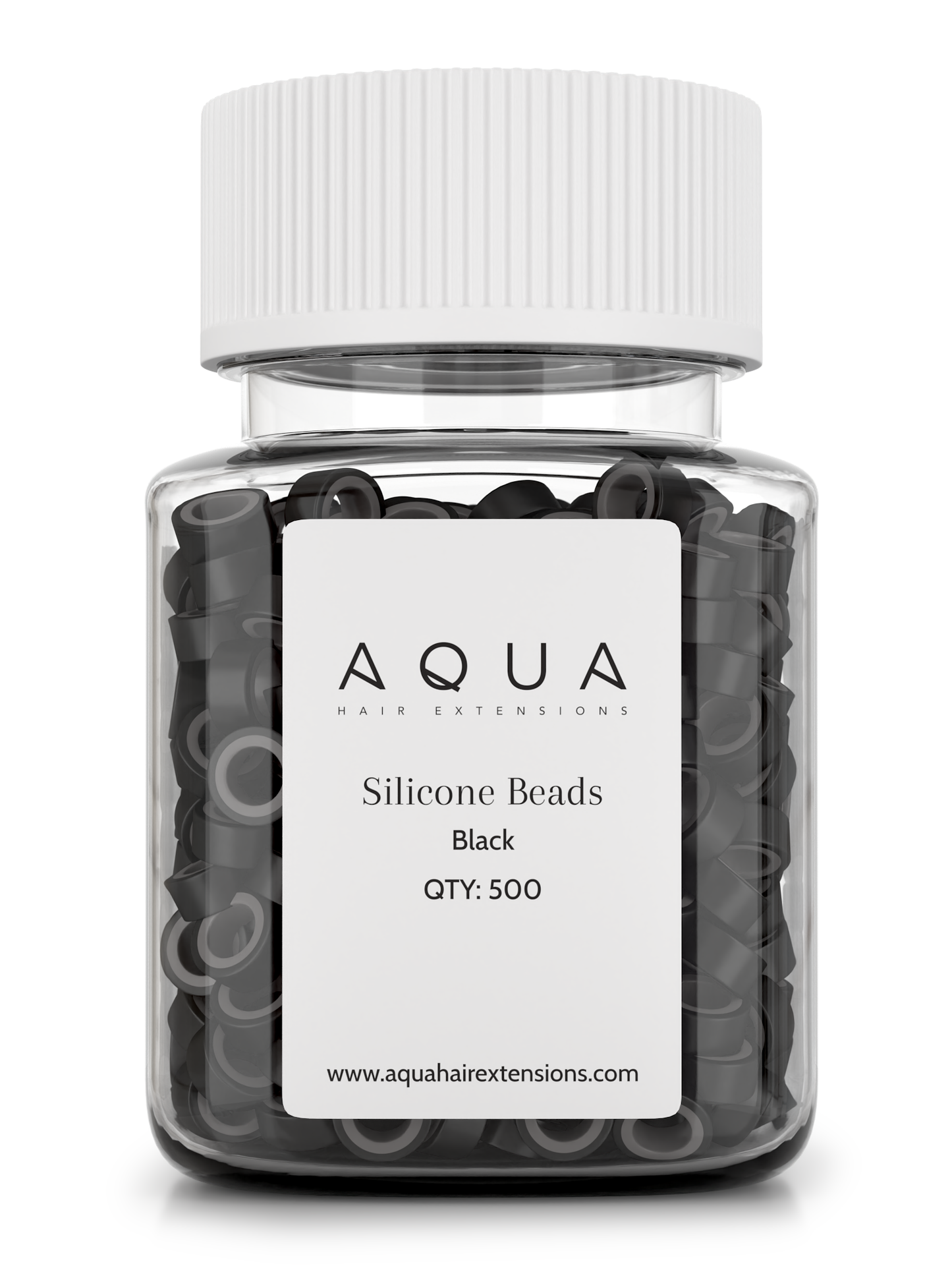Jar of black silicone beads with Aqua label on a white background
