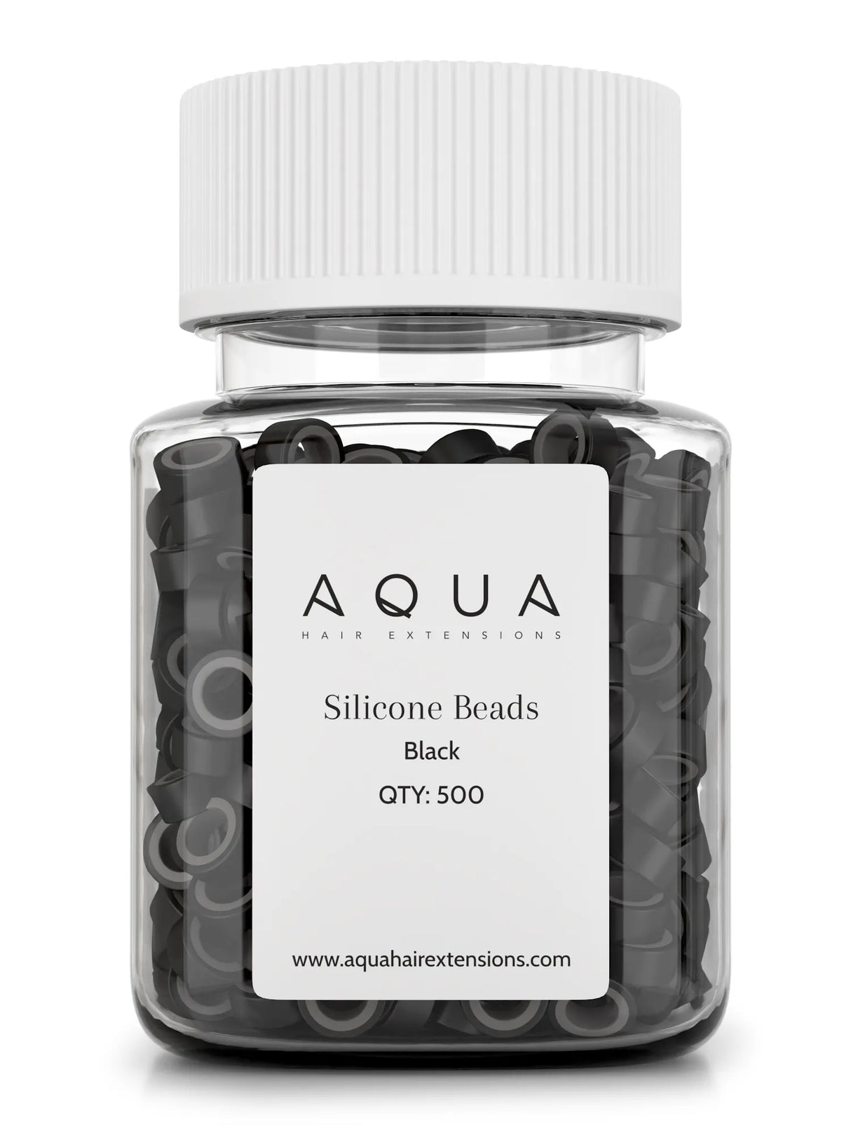 Jar of black silicone beads with Aqua label on a white background