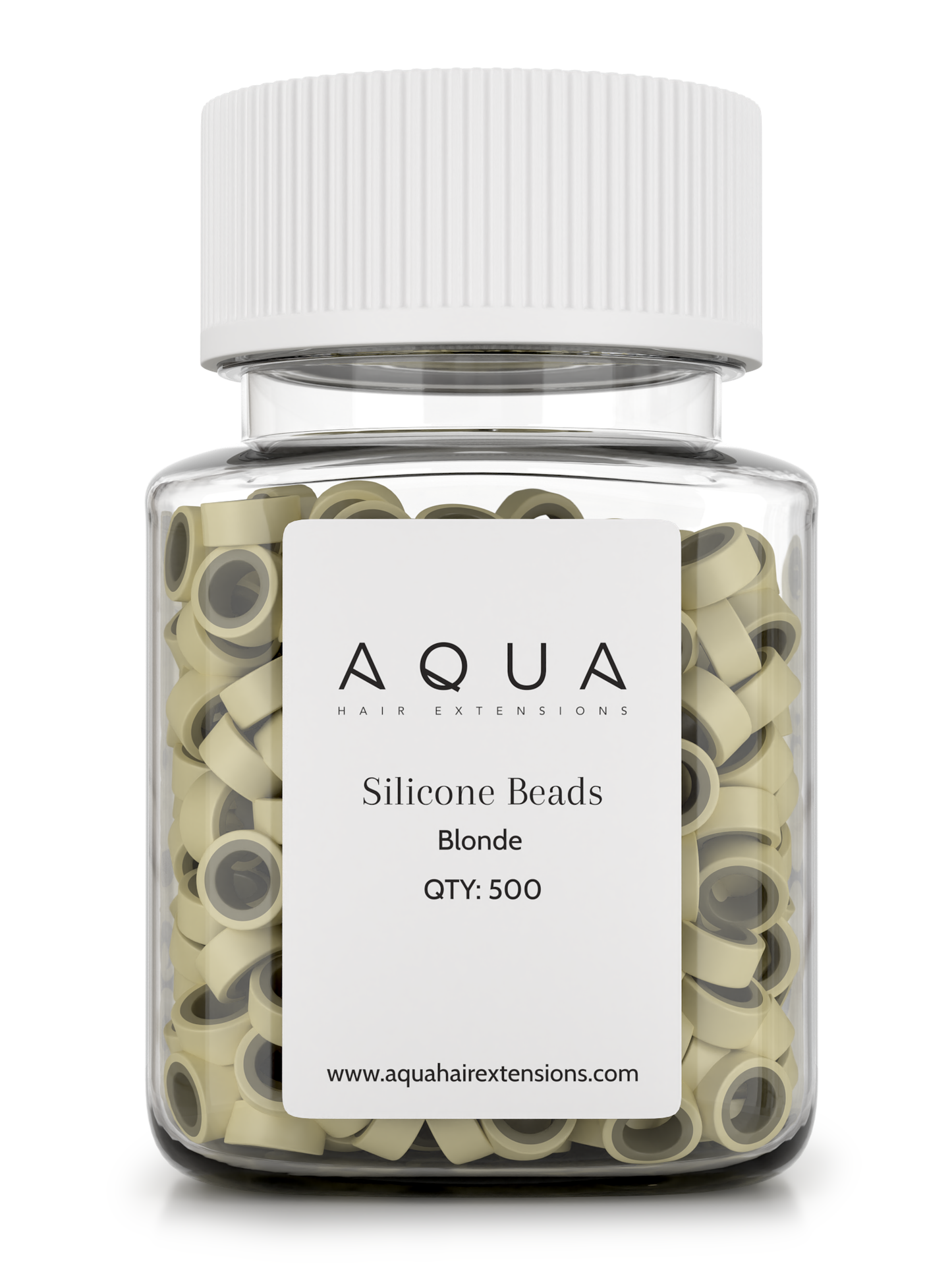 Jar of Aqua silicone beads for hair extensions on a white background
