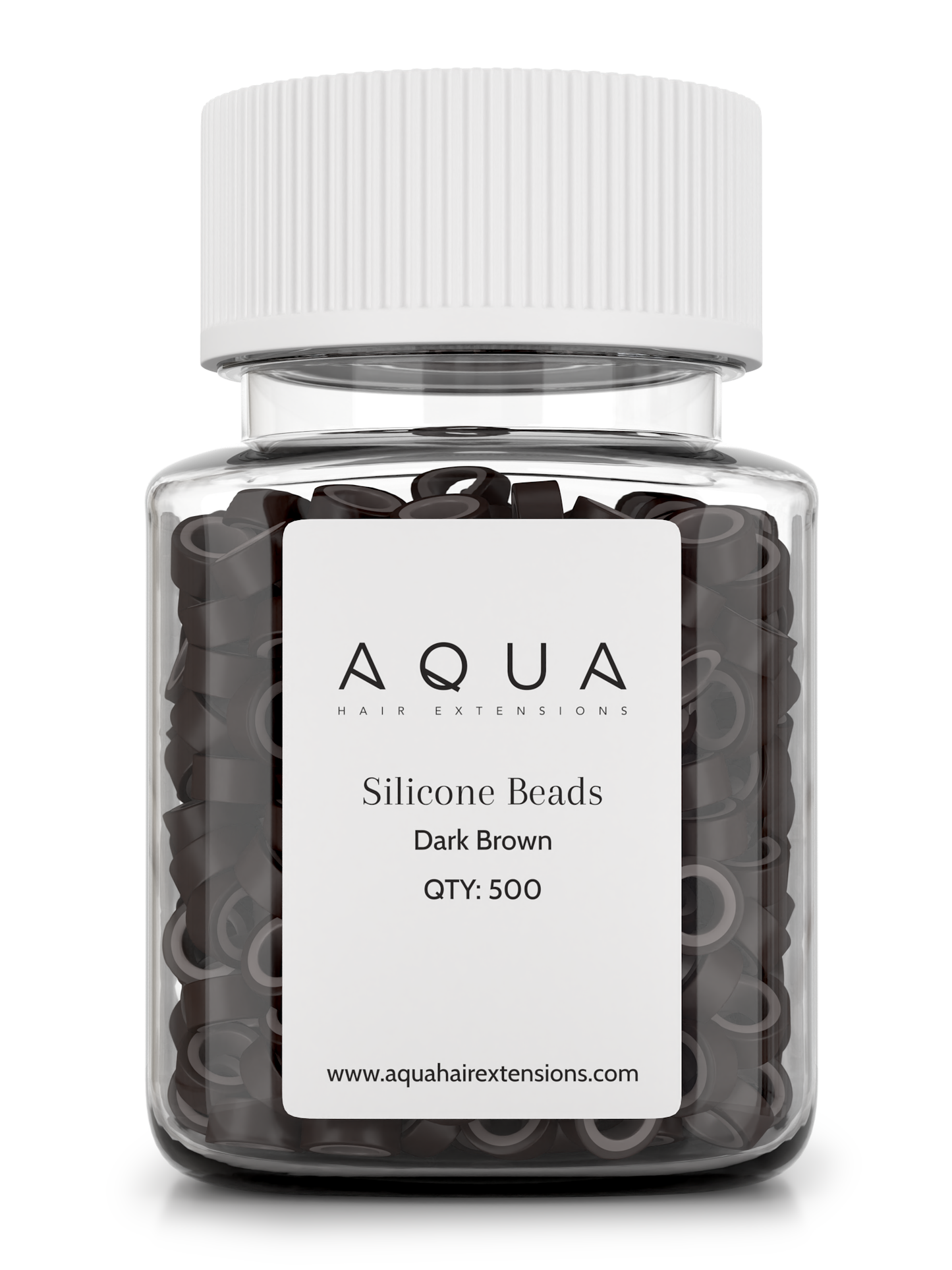 Jar of Aqua silicone beads labeled 'Dark Brown' on a white background