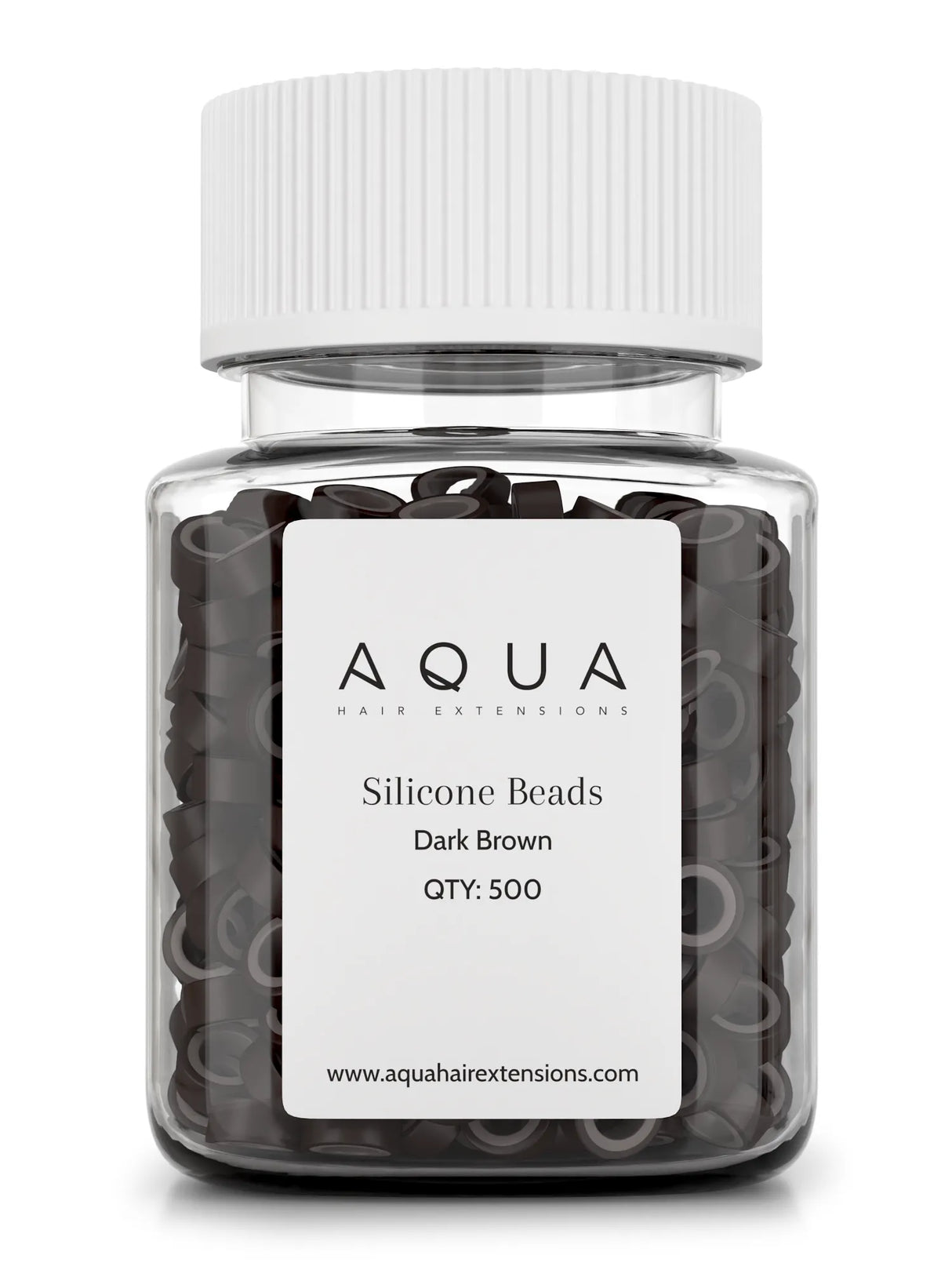 Jar of Aqua silicone beads labeled 'Dark Brown' on a white background