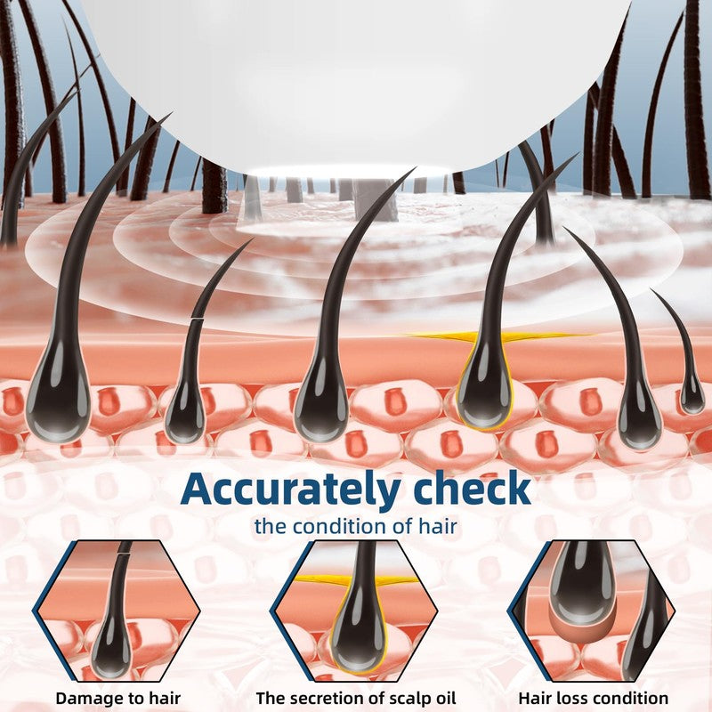 Illustration of hair follicles and scalp with text about accurately checking hair condition.