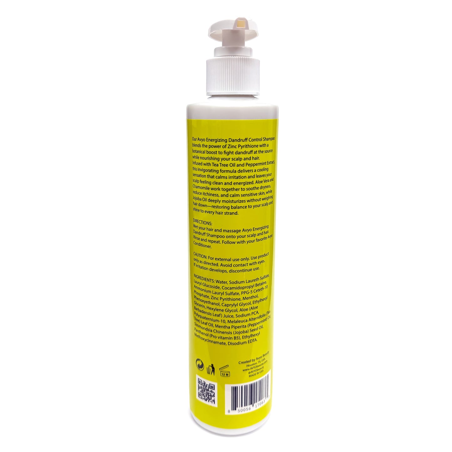 Back image of the 300 milliliter bottle of AVYO Energizing Dandruff Control Shampoo.