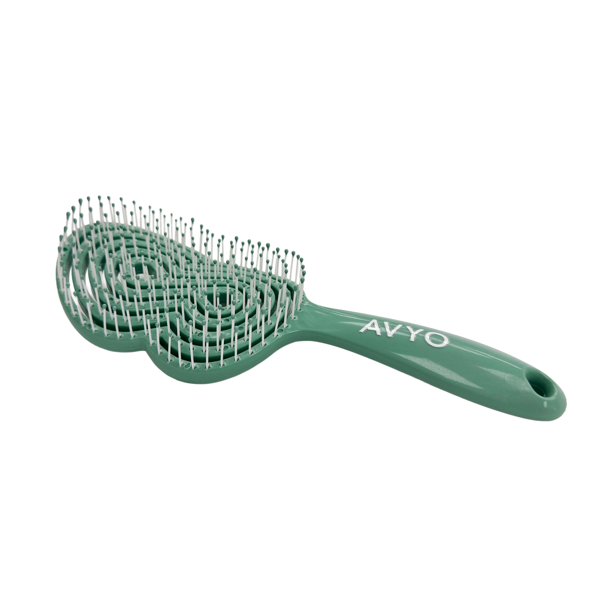 Side image of the green AVYO Flexible Detangling Hairbrush.