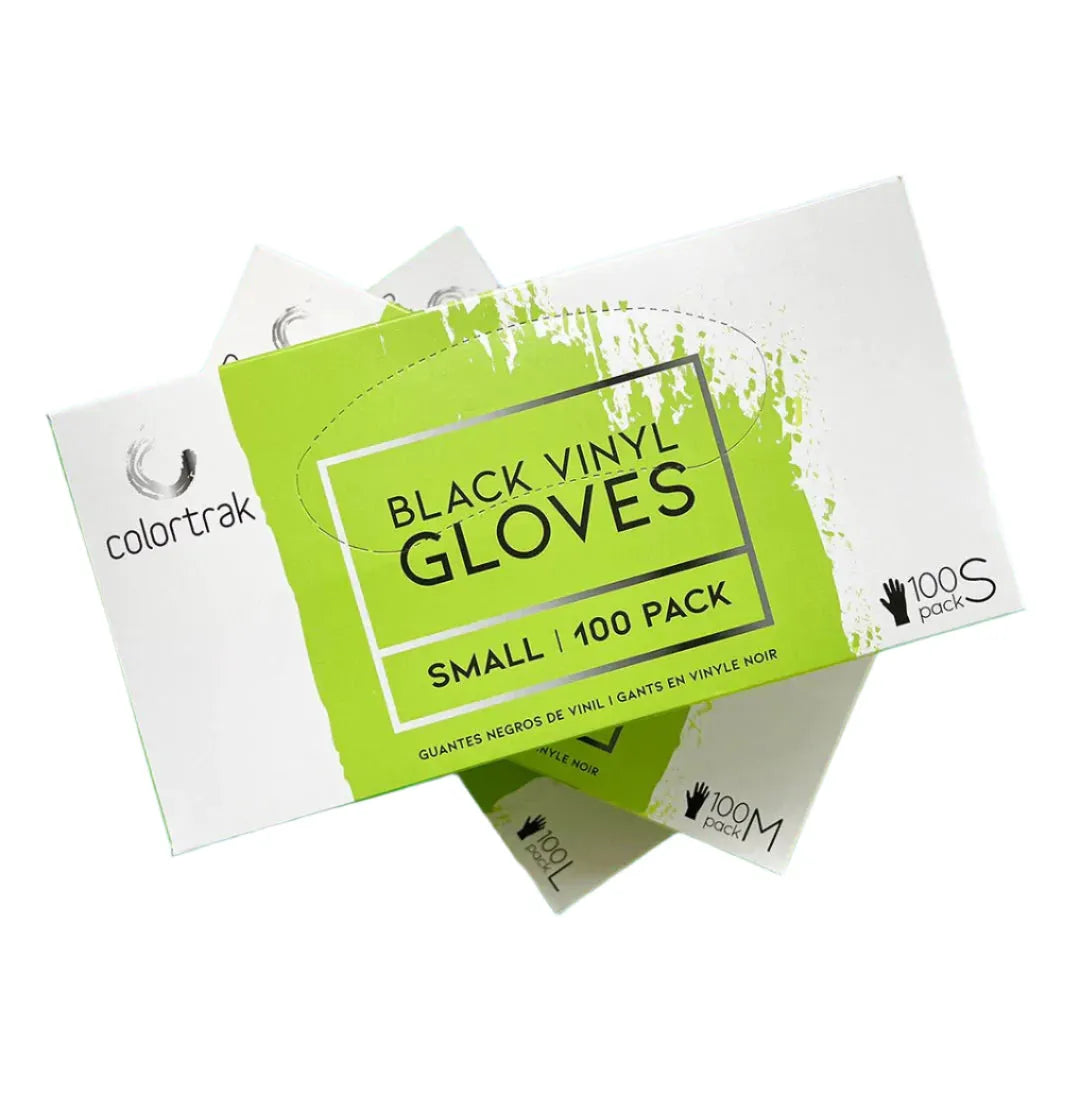 Main image of Colortrak Black Vinyl Disposable Gloves shown in different boxes.