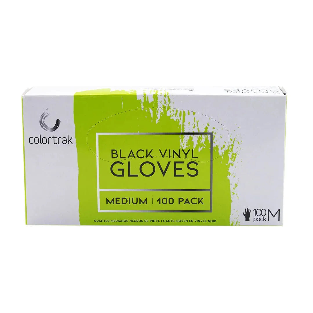 Image of the box of Colortrak Black Vinyl Gloves - Medium.