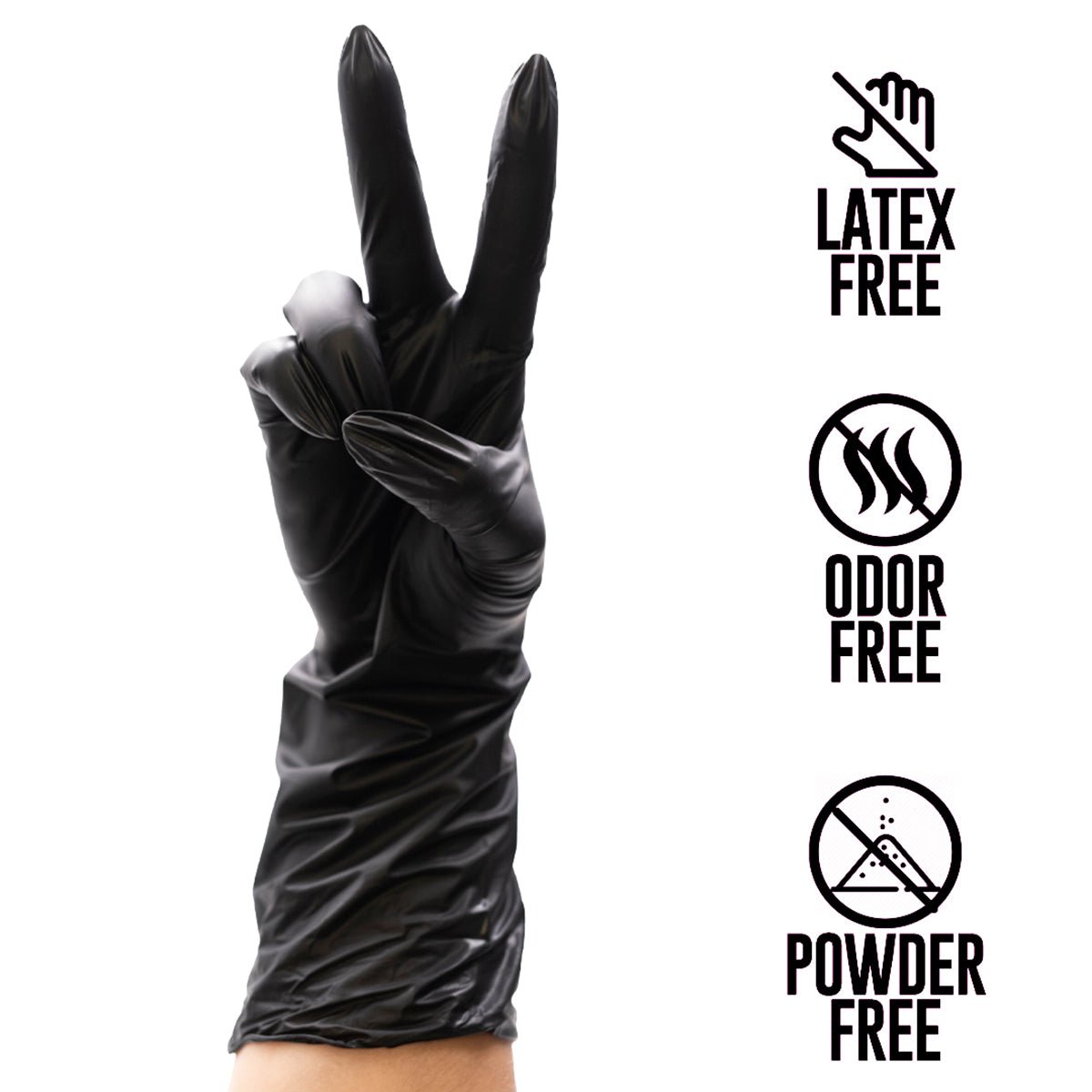 Features of the Colortrak Extended Cuff Black Vinyl Disposable Gloves.