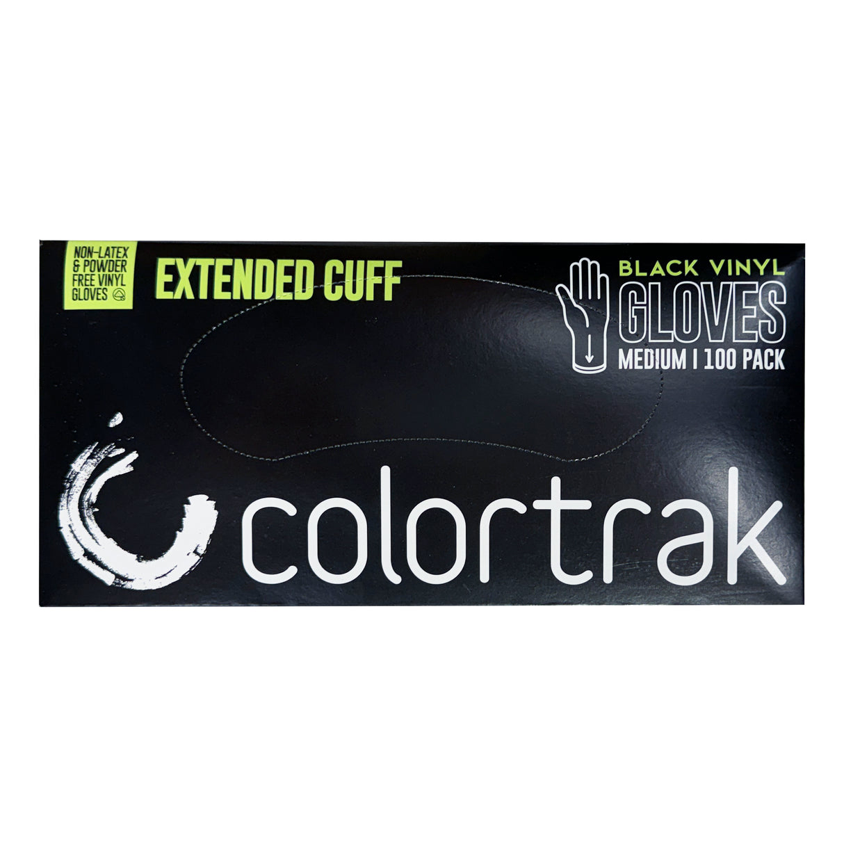 Image of the medium Colortrak Extended Cuff Black Vinyl Disposable Gloves.