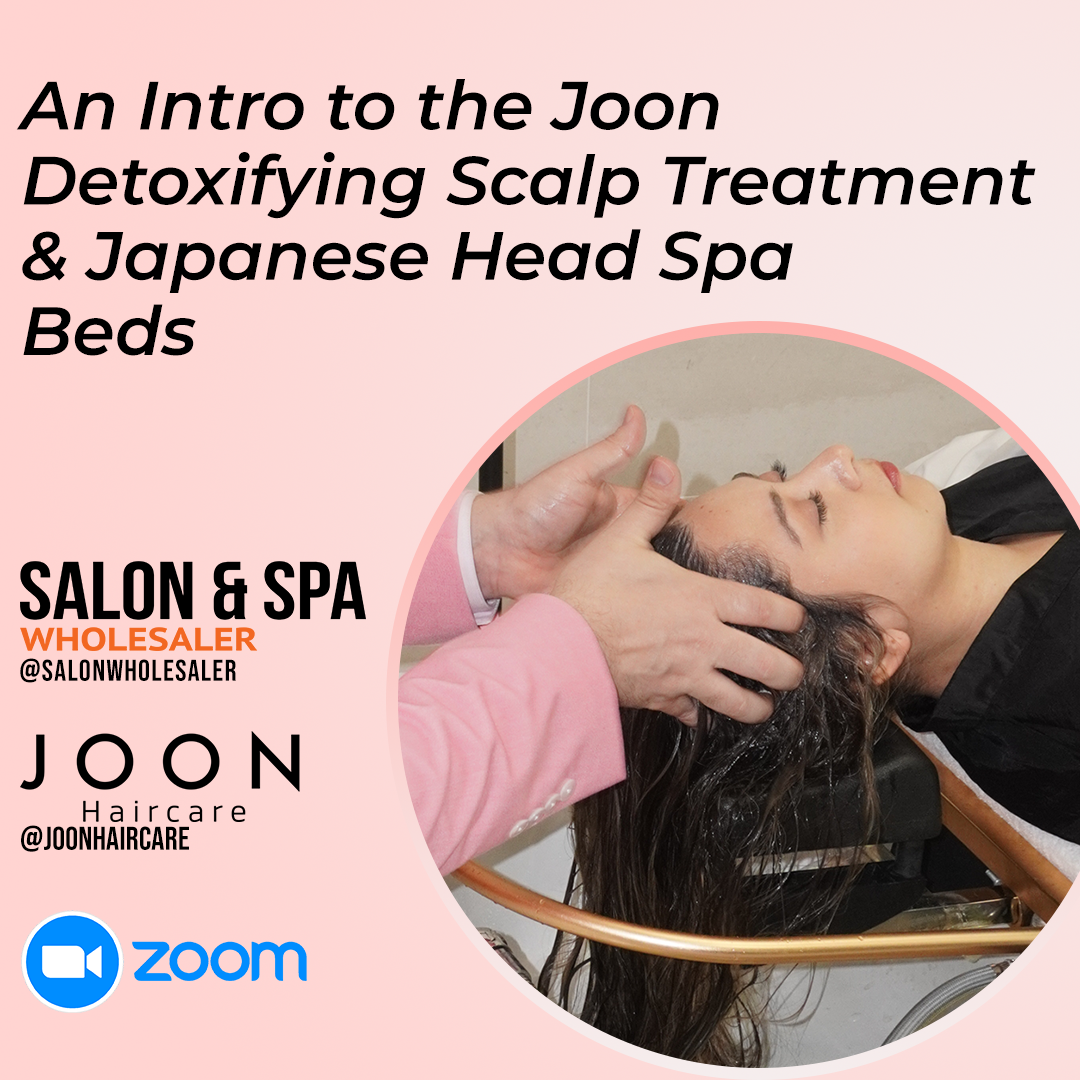Promotional image for Joon detoxifying scalp treatment and Japanese head spa beds class with a person receiving a scalp treatment.