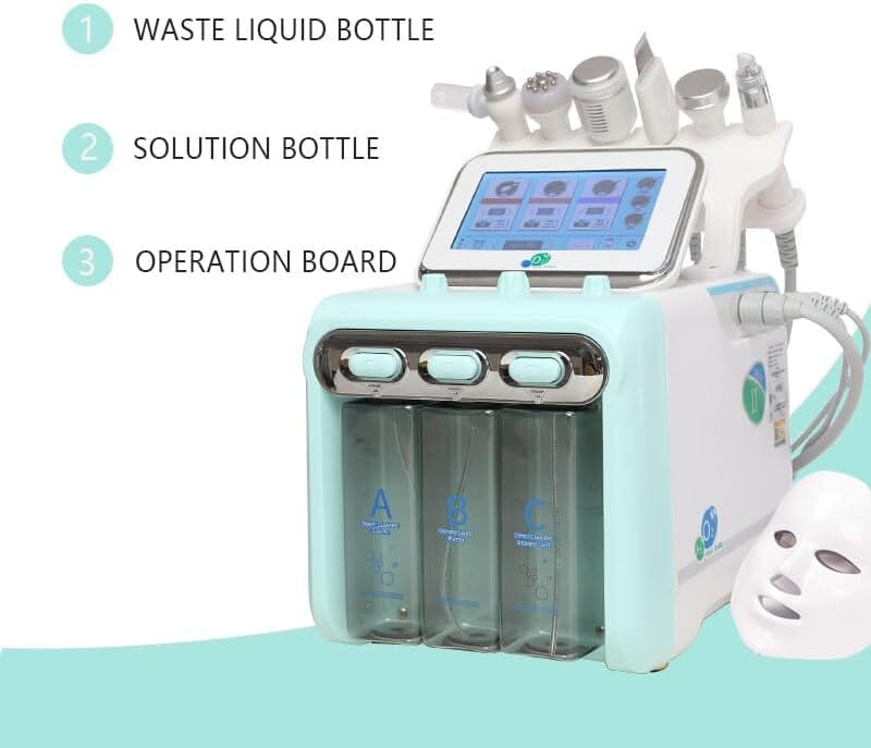 Hydrafacial Machine features waste liquid bottle, solution bottle, and operation board.
