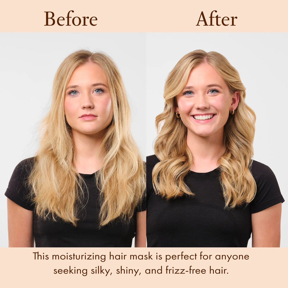 Before and after image of JOON Saffron Rose Moisture Mask on blond model.