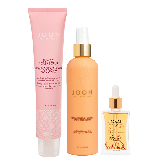 JOON Treatsments and Stylerts Try-Me-Kit includes sumac scalp scrub, persimmon rose hairspray, and saffron hair elixir.
