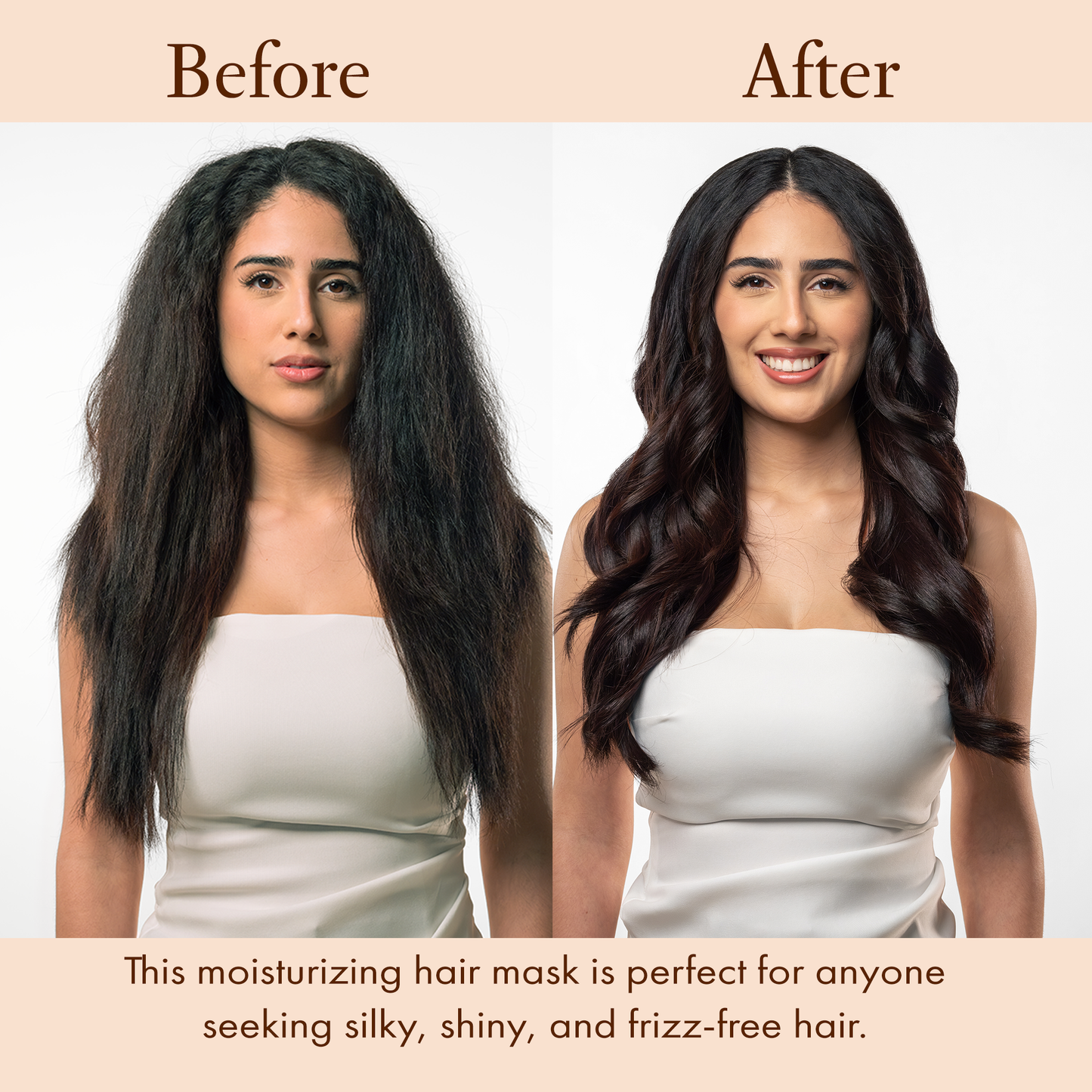 Before and after image of JOON Saffron Rose Moisture Mask on brunette model.