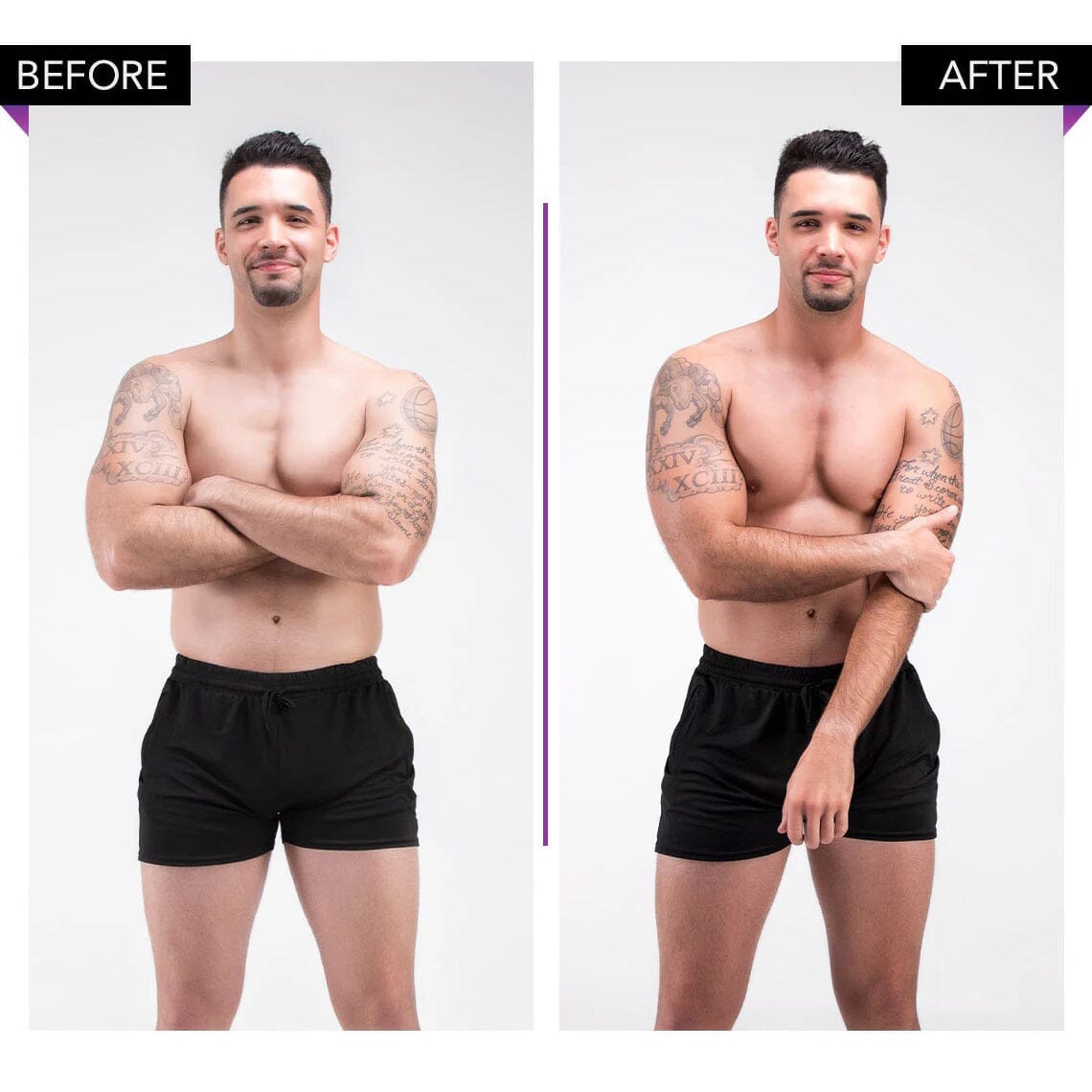 Male model showcasing before and after results of Norvell Venetian Gradual Self-Tanning Lotion.