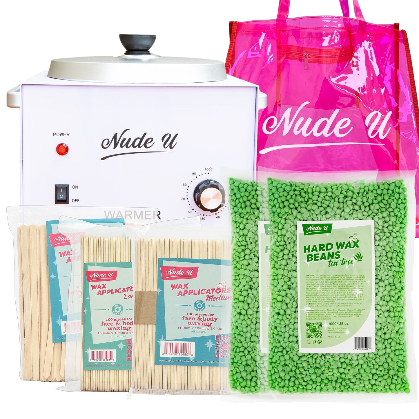 NudeU Advanced Hard Wax Kit – Tea Tree with wax warmer, applicators, and hard wax beans for professional hair removal.