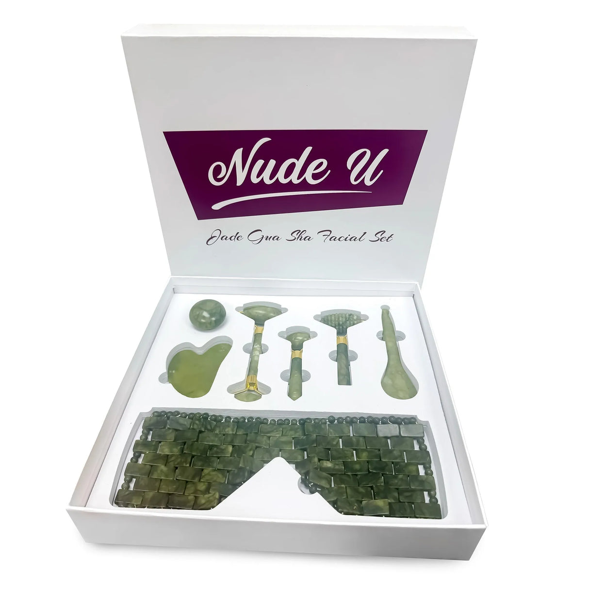 NudeU Jade Eye Mask and Facial Massage Set image showcasing the tools and massager for soothing and revitalizing facial treatment.