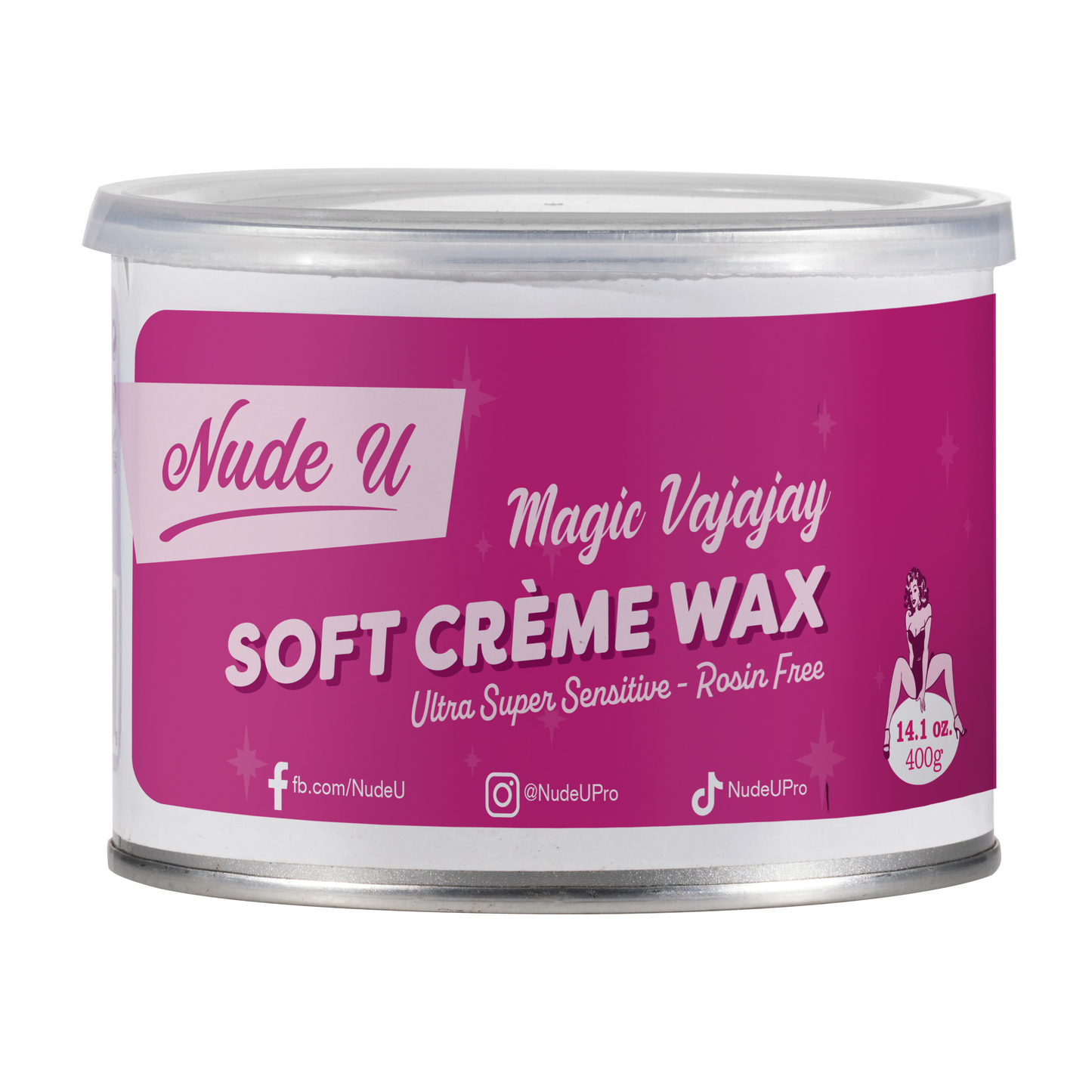 Main image of the 400 gram can of NudeU Magic Vajayjay Ultra Super Sensitive Rosin-Free Soft Cream Wax.
