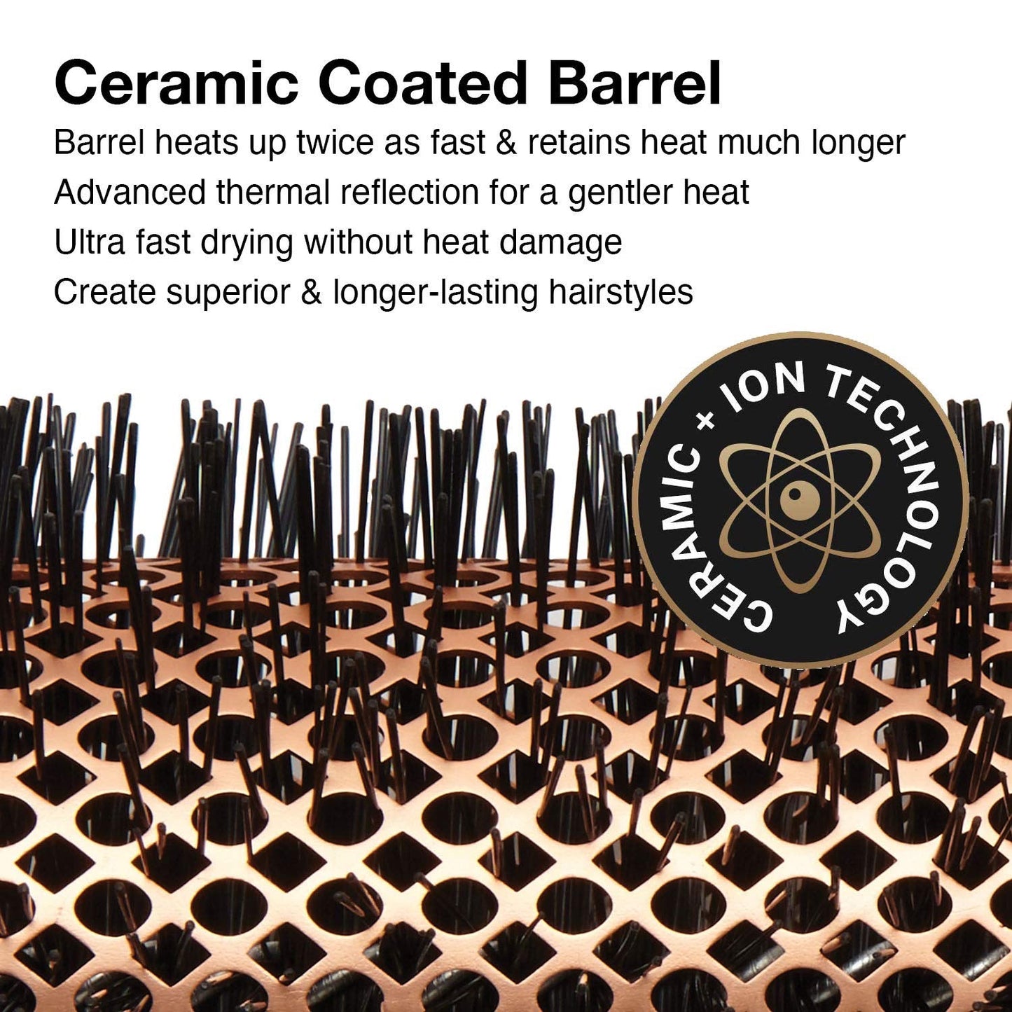 Image highlighting the benefits of the ceramic-coated barrel on the Olivia Garden Heat Pro Speed XL brushes.