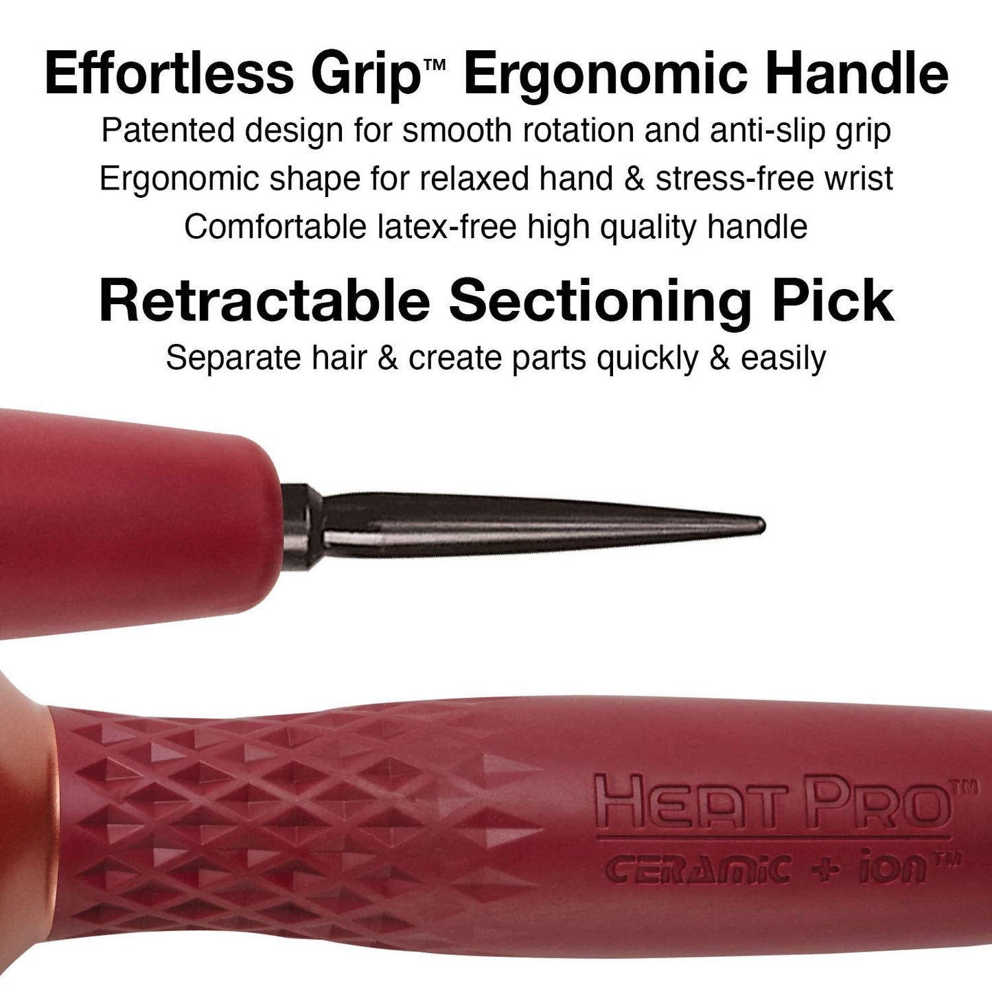 Image highlighting the benefits of the ergonomic handle and retractable pick on the Olivia Garden Heat Pro Speed XL brushes.