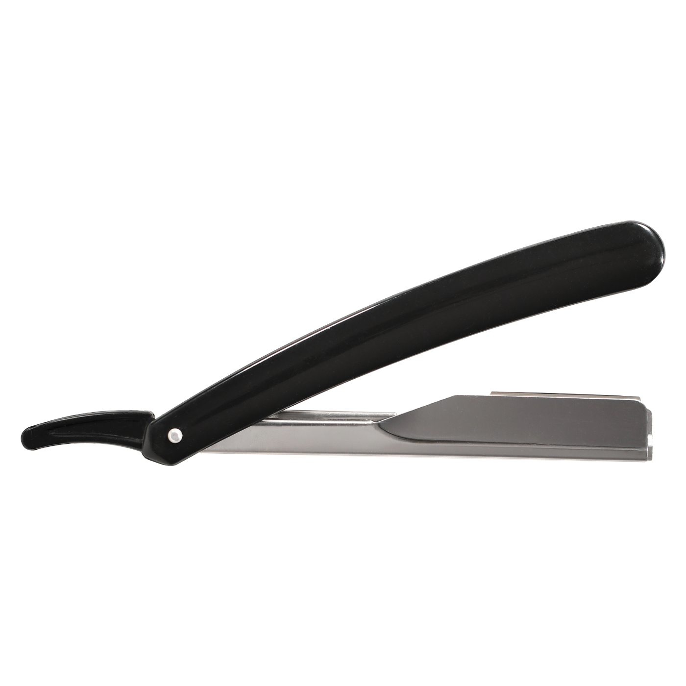 Black handled Scalpmaster Barber Professional Straight Razor on a white background