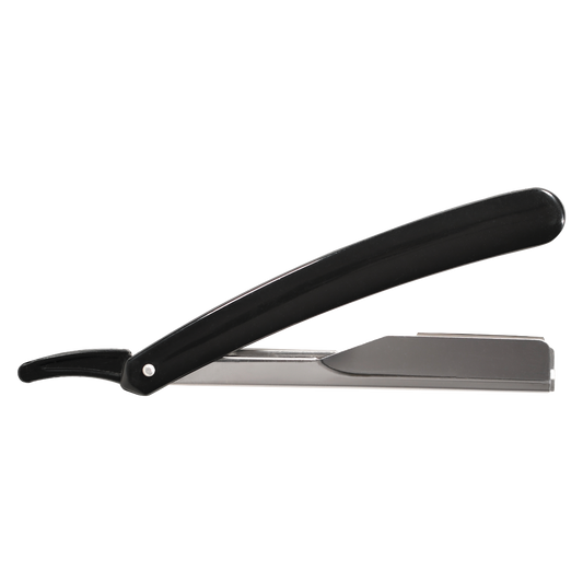 Black handled Scalpmaster Barber Professional Straight Razor on a white background