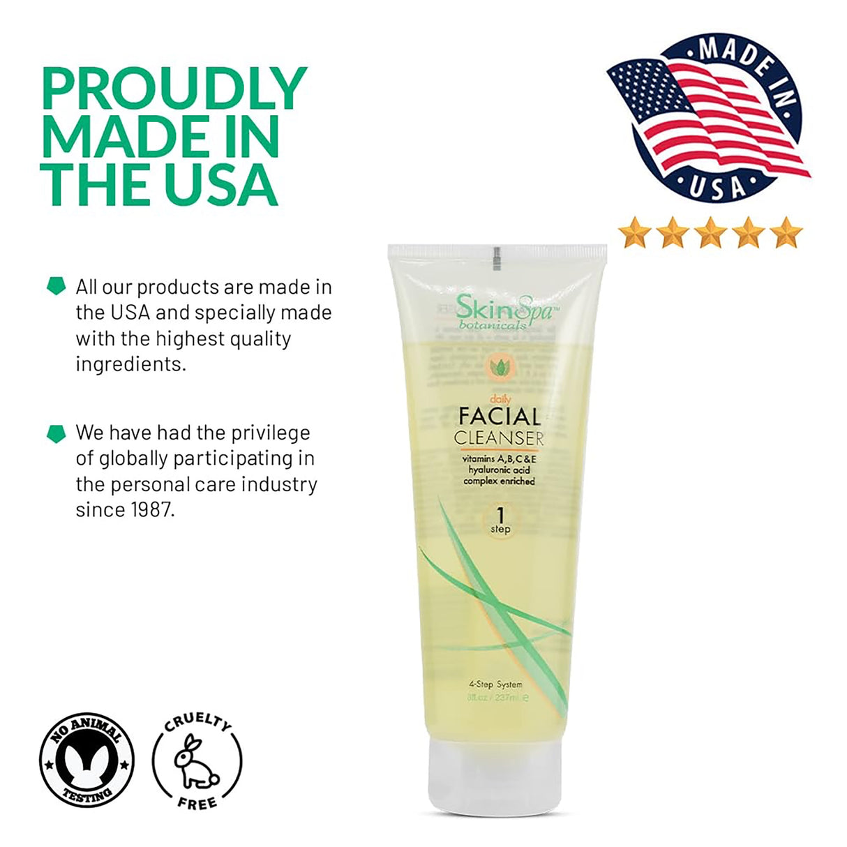 The image shows the features of the Skin Spa Daily Facial Cleanser.