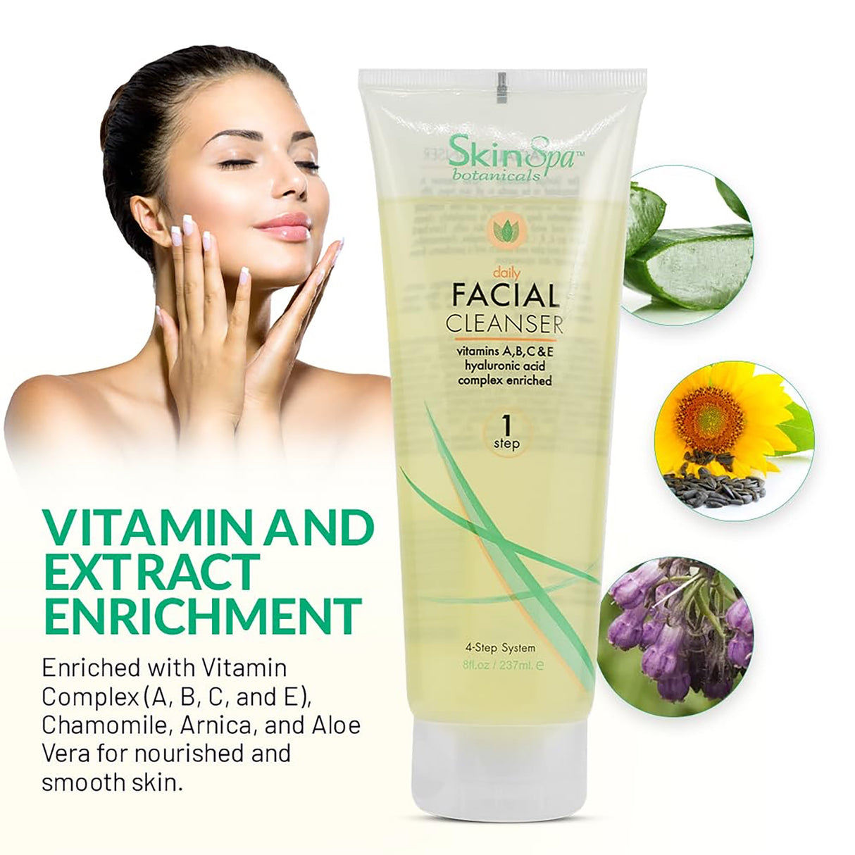 The image shows the features of the Skin Spa Daily Facial Cleanser.