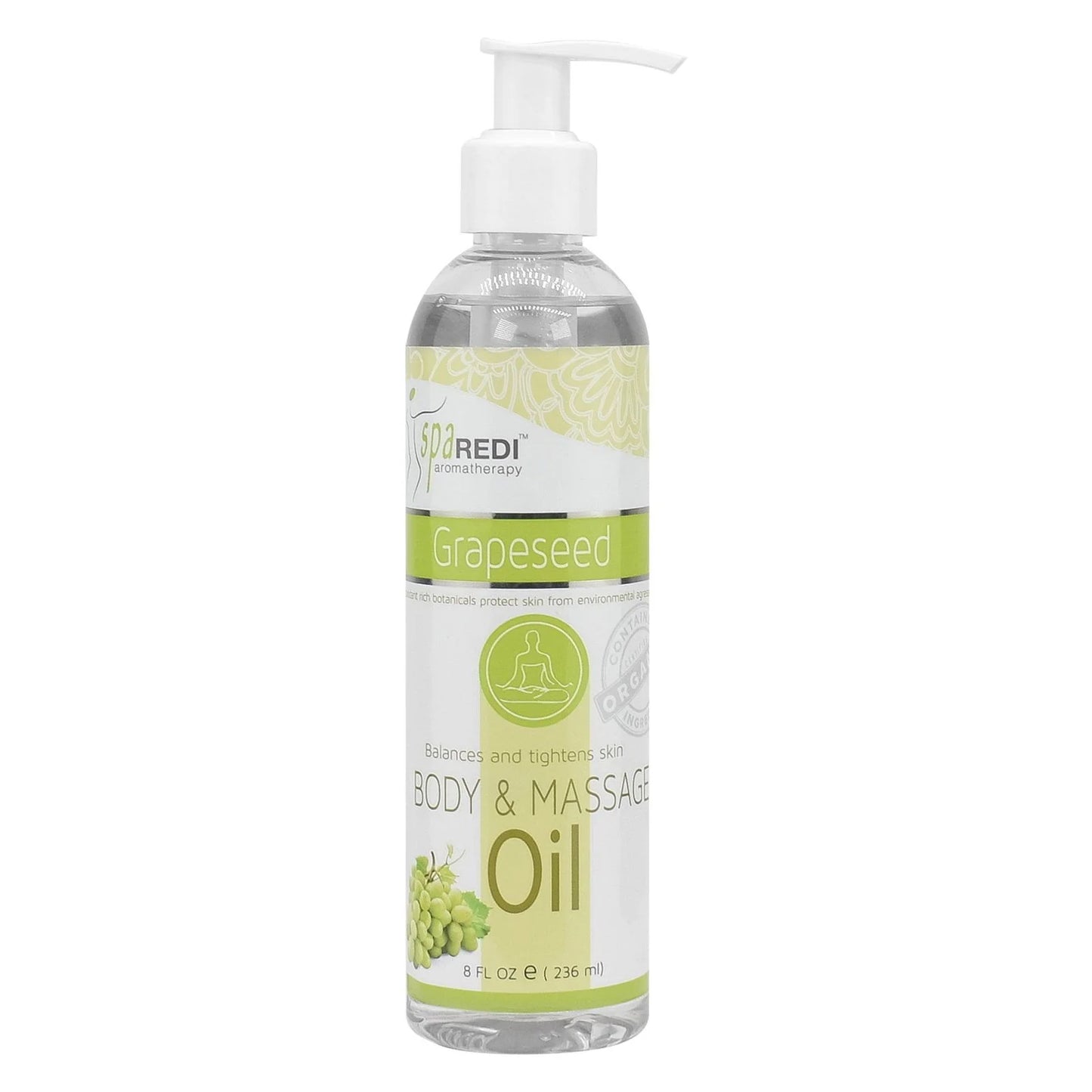 Image of the 8 fluid ounce bottle of Spa Redi Grapeseed Massage Oil.