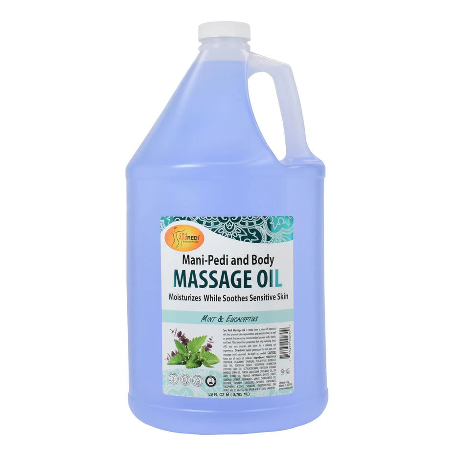 Image of the 1 gallon bottle of Spa Redi Mint & Eucalyptus Massage Oil.