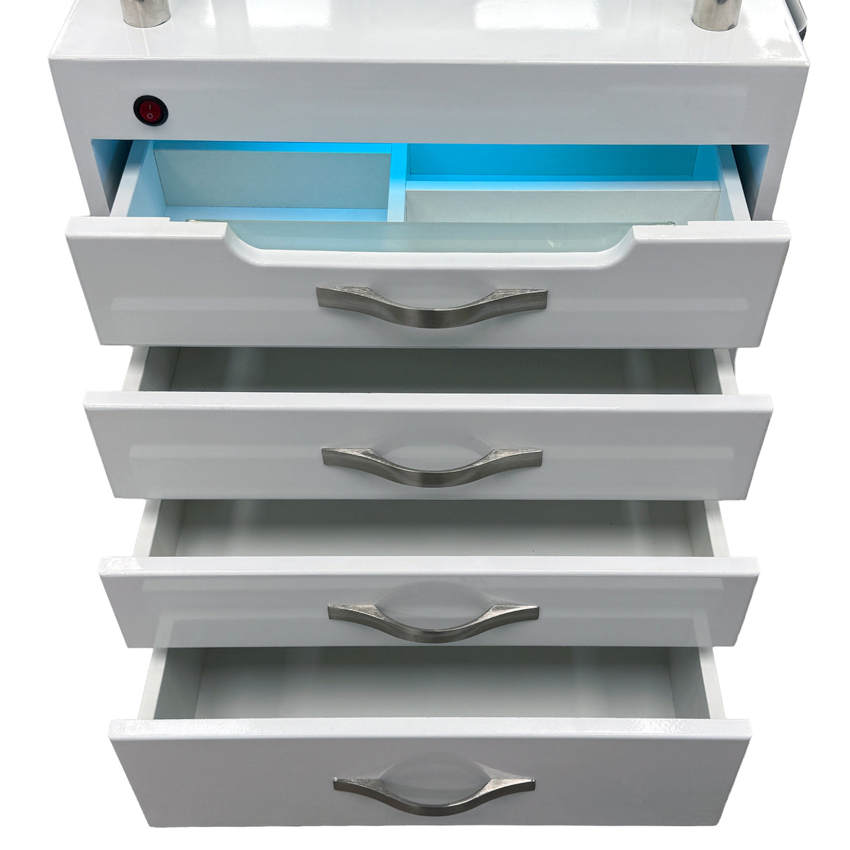 All storage drawers open.