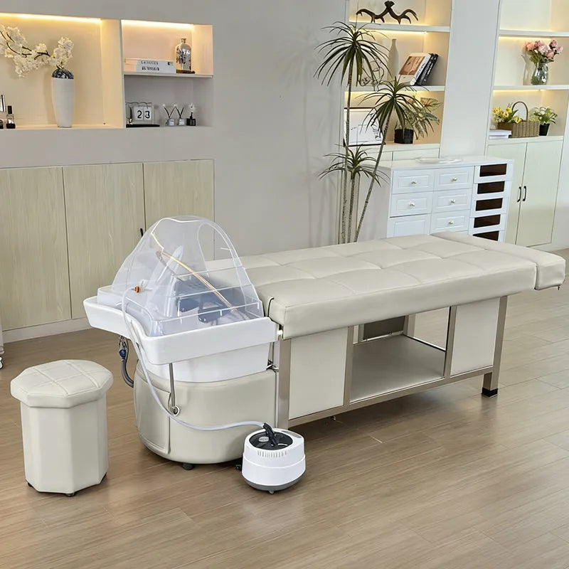 Lifestyle image of the beige SSW 611-1D Fresh Water Japanese Head Spa Massage Bed