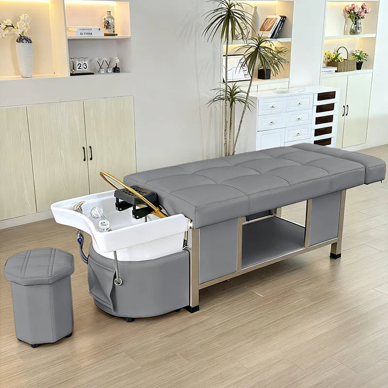 Lifestyle image of the gray SSW 611-1D Fresh Water Japanese Head Spa Massage Bed