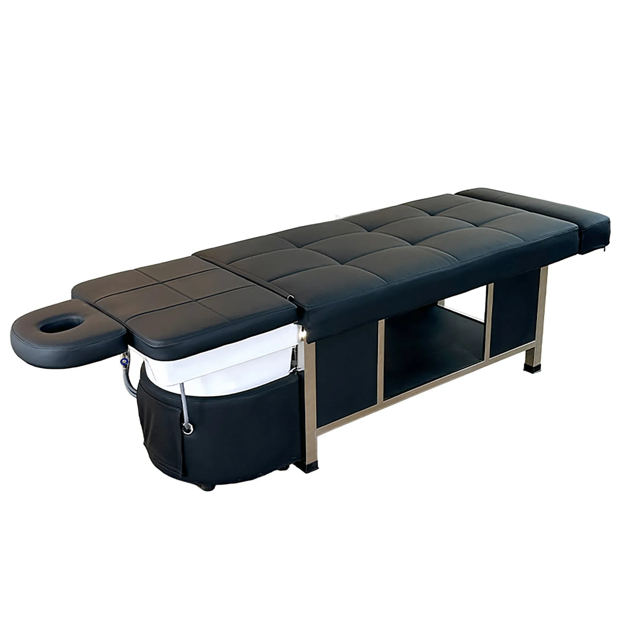 Image shows the black SSW 611-1D Fresh Water Japanese Head Spa Massage Bed with leg extender, shampoo bowl cover, and face cradle
