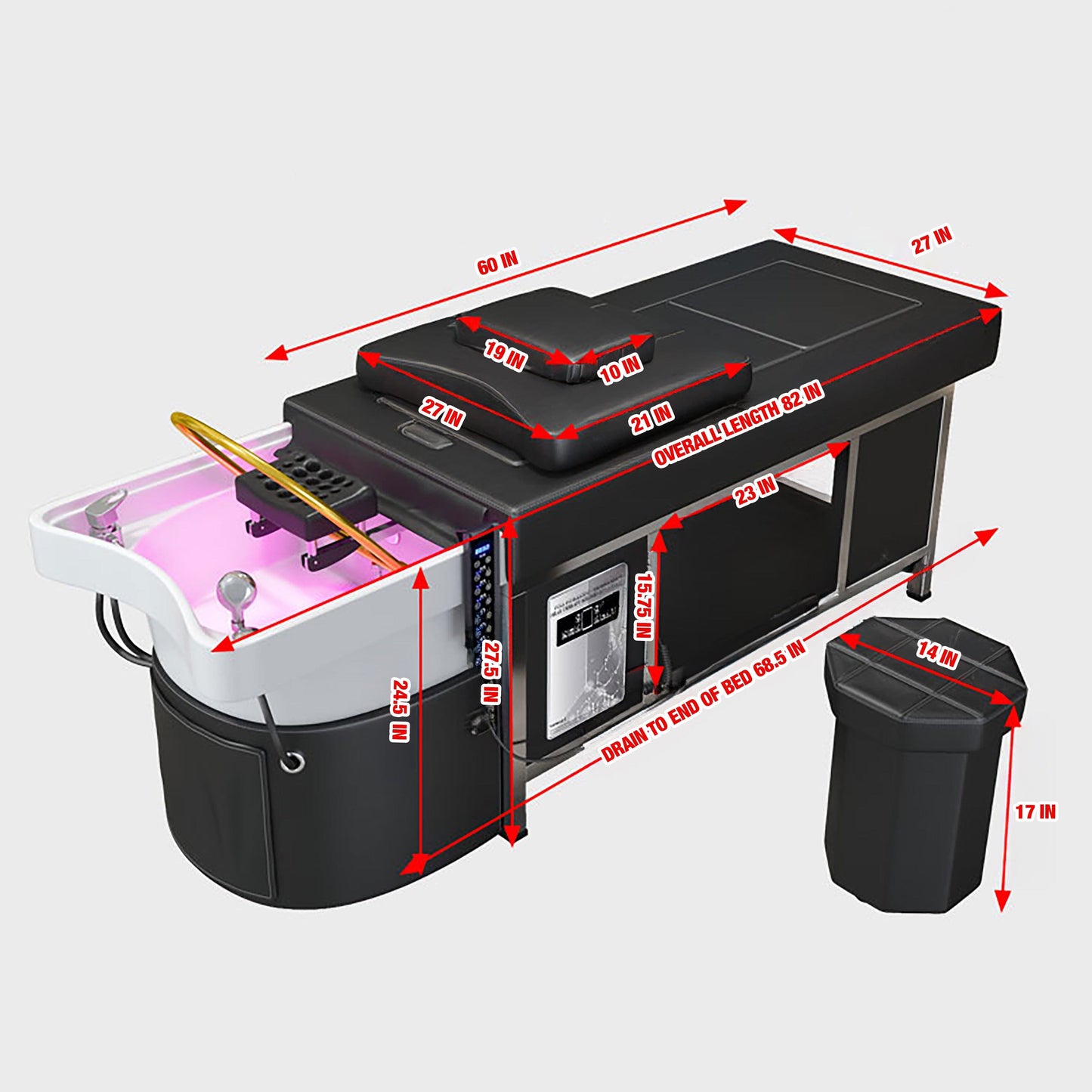 Dimensions of the SSW 611-2 Japanese Head Spa Massage Bed.