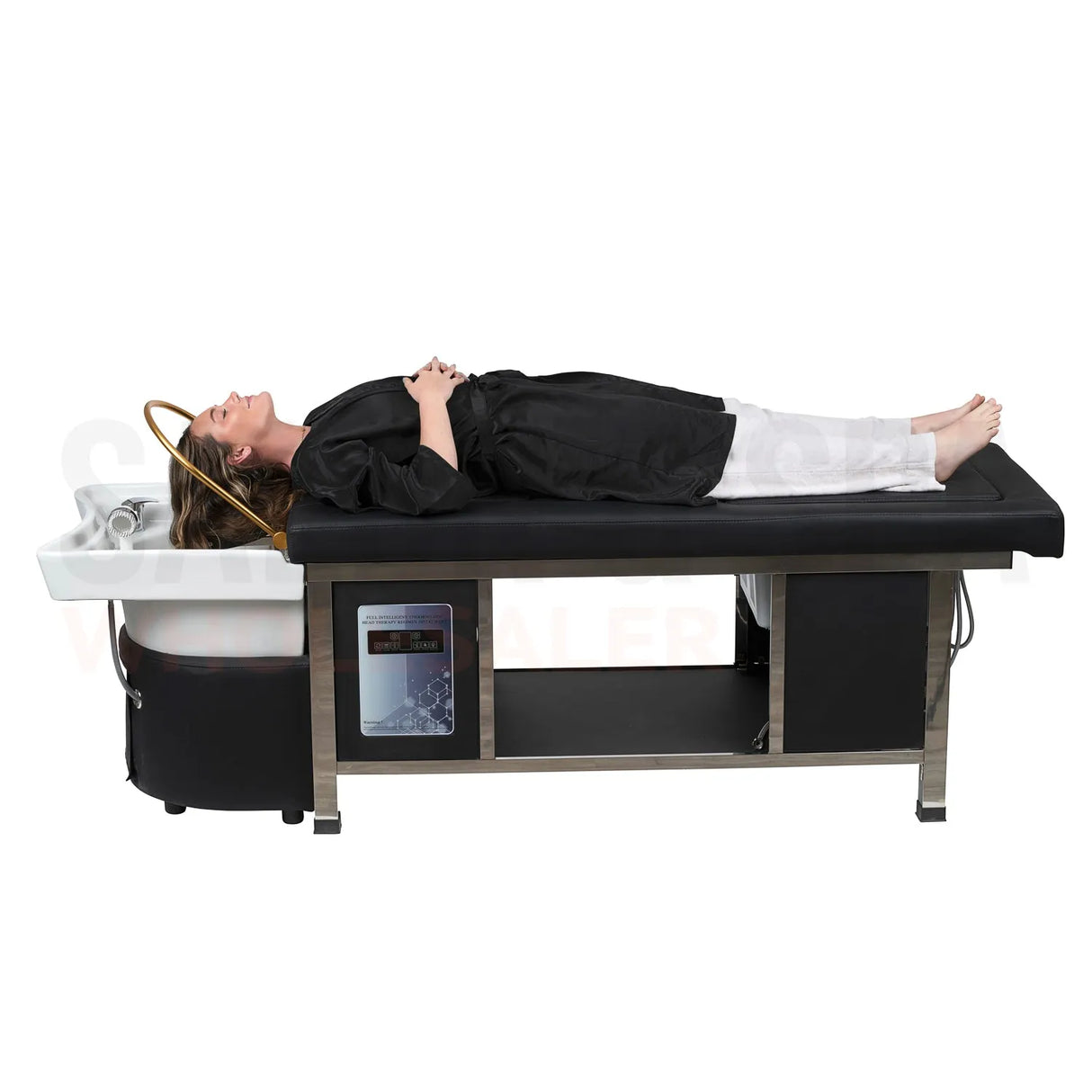 Profile view of a model on the black SSW 611-4 Japanese Head Spa Massage Bed.