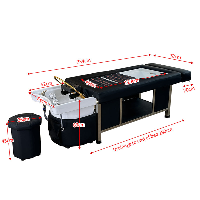 Dimensions of the black SSW 611-4D Fresh Water Japanese Head Spa Massage Bed