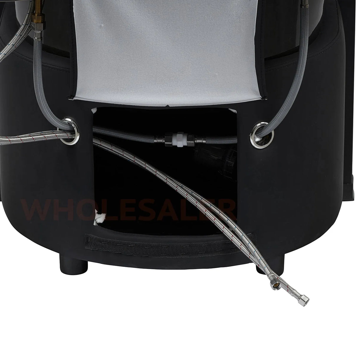 Water hook-ups on the black/black SSW 611-5C Japanese Head Spa Massage Bed.