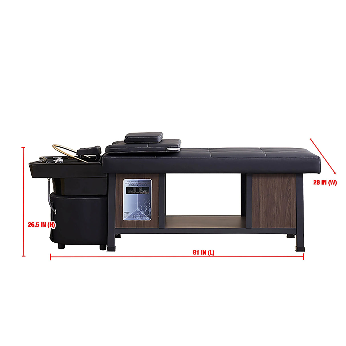 Dimensions of the black/black SSW 611-5C Japanese Head Spa Massage Bed.