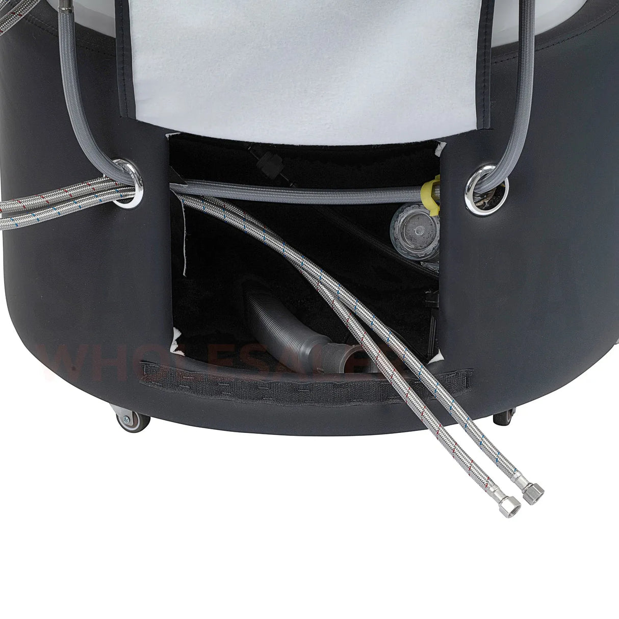 Image of the water hook-ups on the black SSW 6114NP Non-Portable Japanese Head Spa Shampoo Bowl