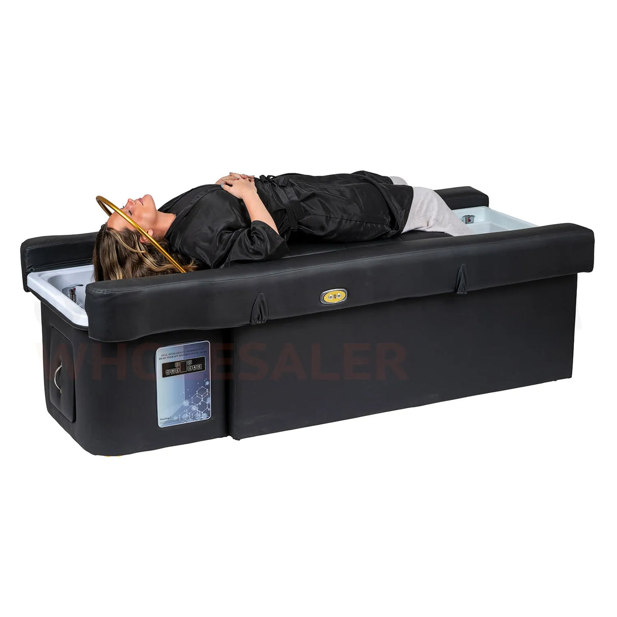 Model on the black SSW 631 Electric Japanese Head Spa Massage Bed with their feet in the foot basin.