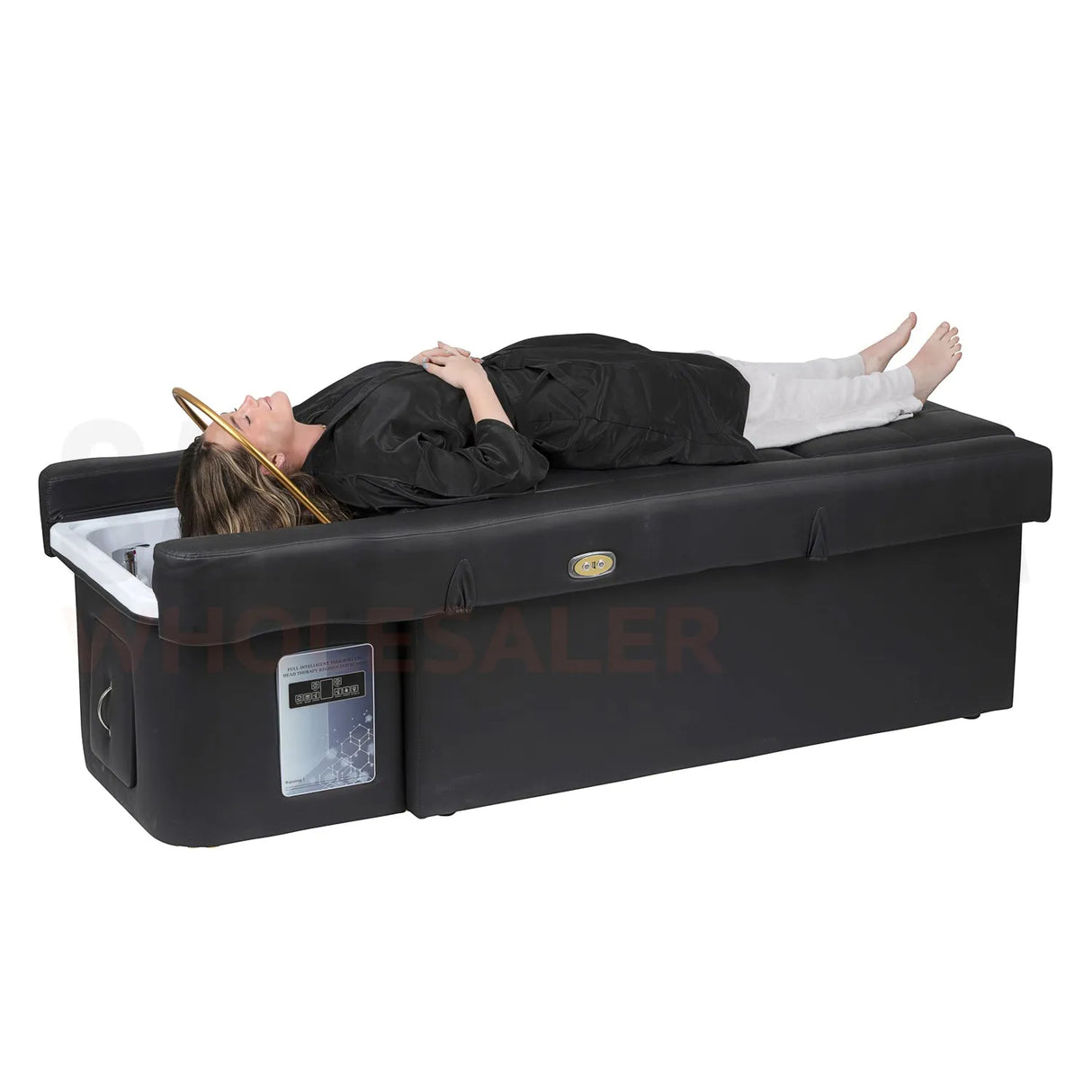 Model on the black SSW 631 Japanese Head Spa Massage Bed.