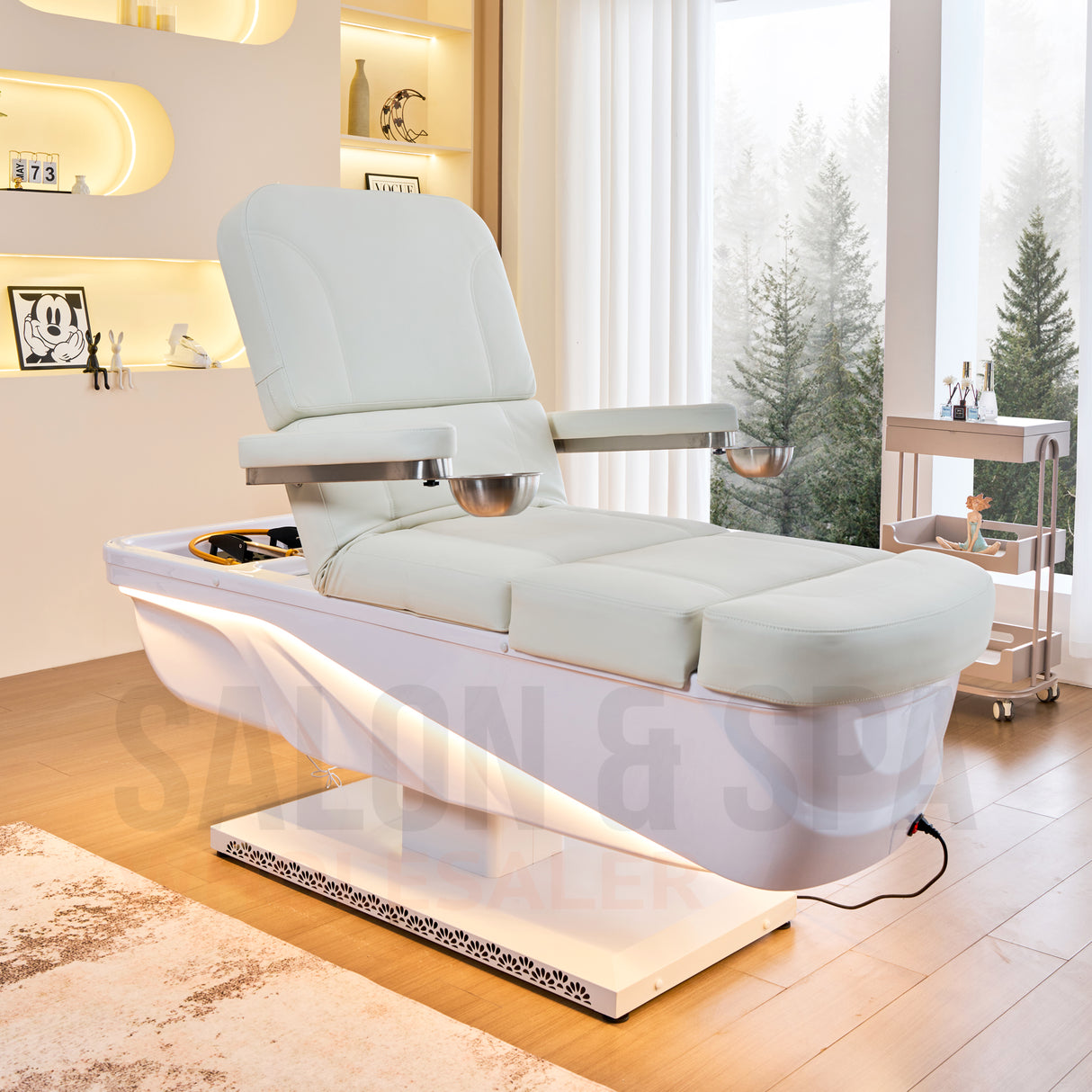 Lifestyle image of the light cream SSW 645D Fresh Water Electric Japanese Head Spa Massage Bed.