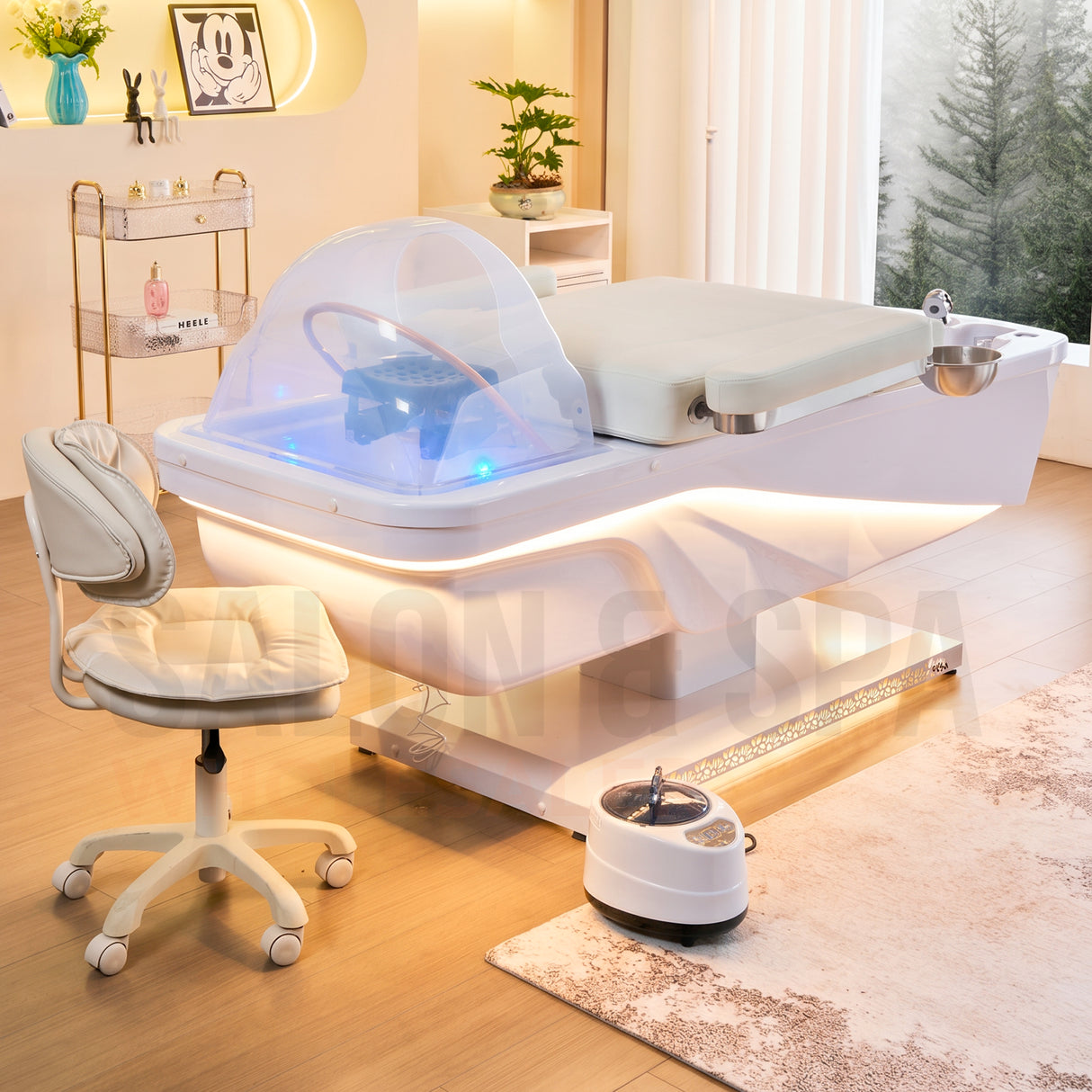 Lifestyle image of the light cream SSW 645D Fresh Water Electric Japanese Head Spa Massage Bed.