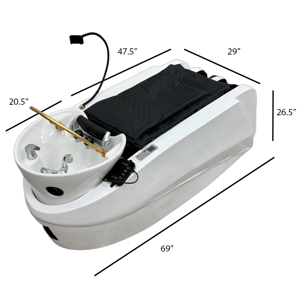 The image shows the overall dimensions of the SSW B043 Japanese Head Spa Massage Bed.