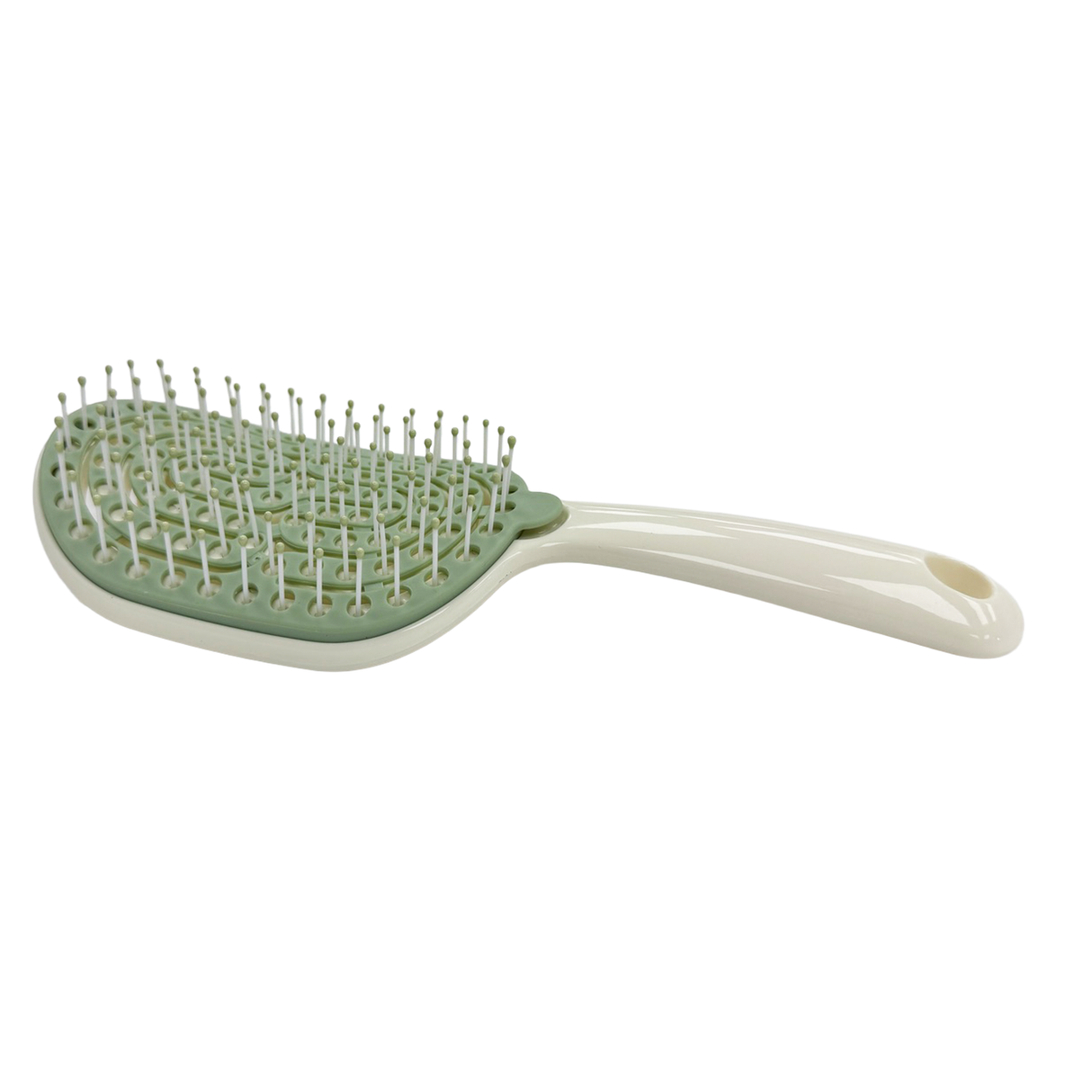 Side image of the ivory and green SSW Flexible Self-Cleaning Detangling Hairbrush.
