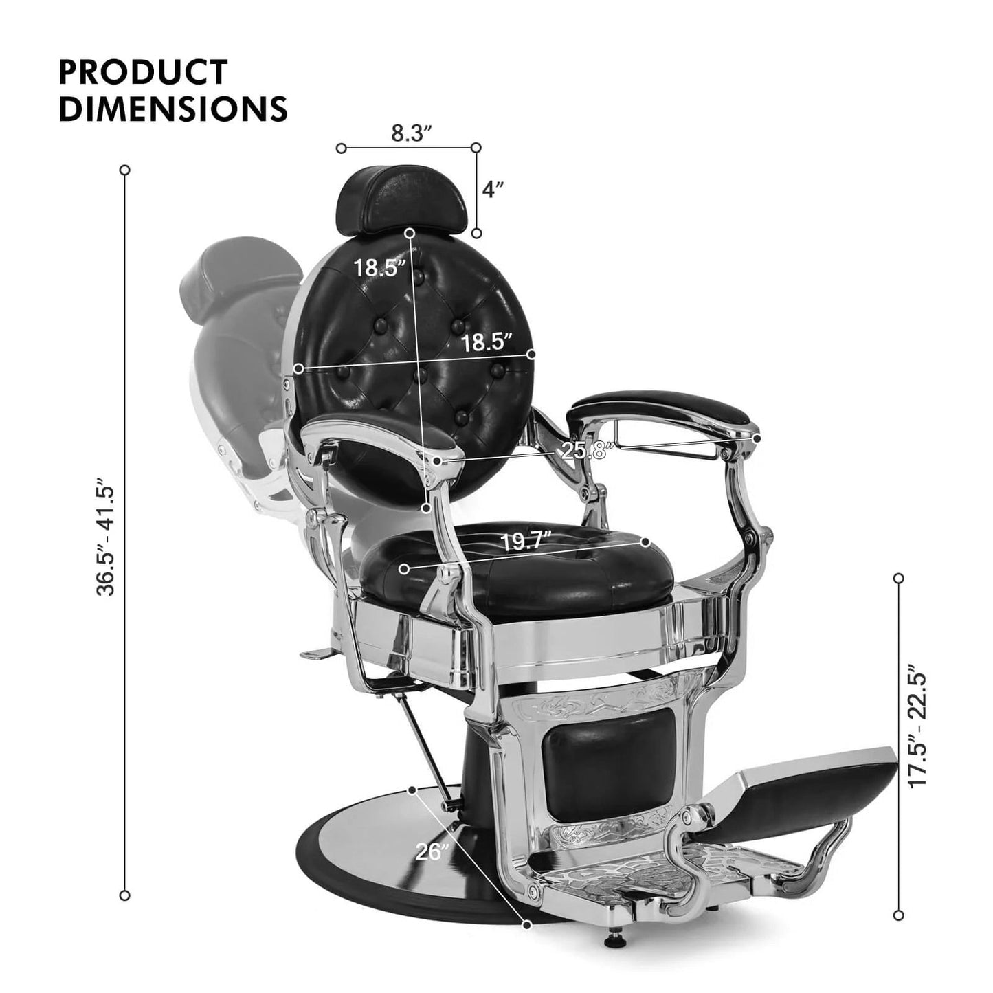 Overall dimensions of the SSW LT896A Vintage Style Barber Chair.