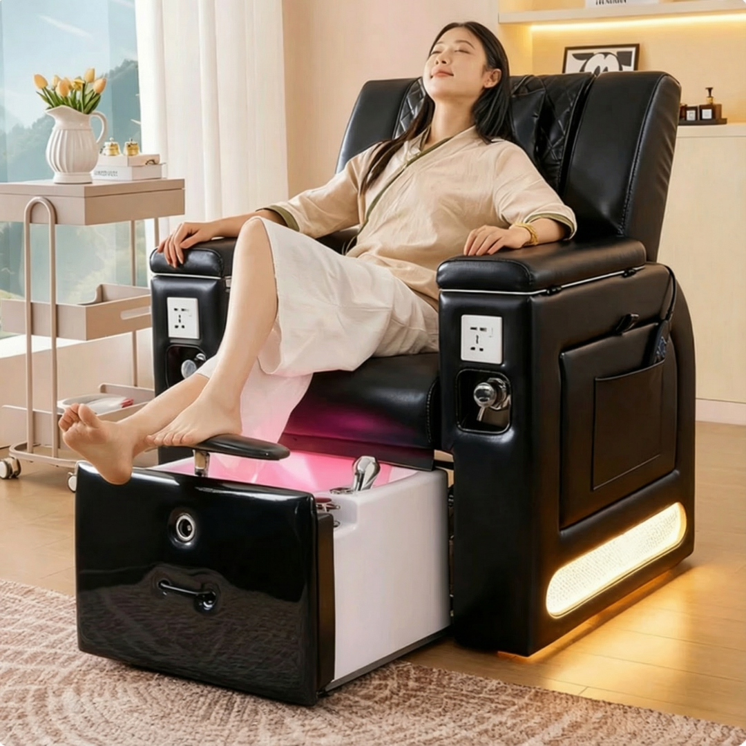 Woman relaxing in a modern pedicure chair with LED lighting in a salon setting.